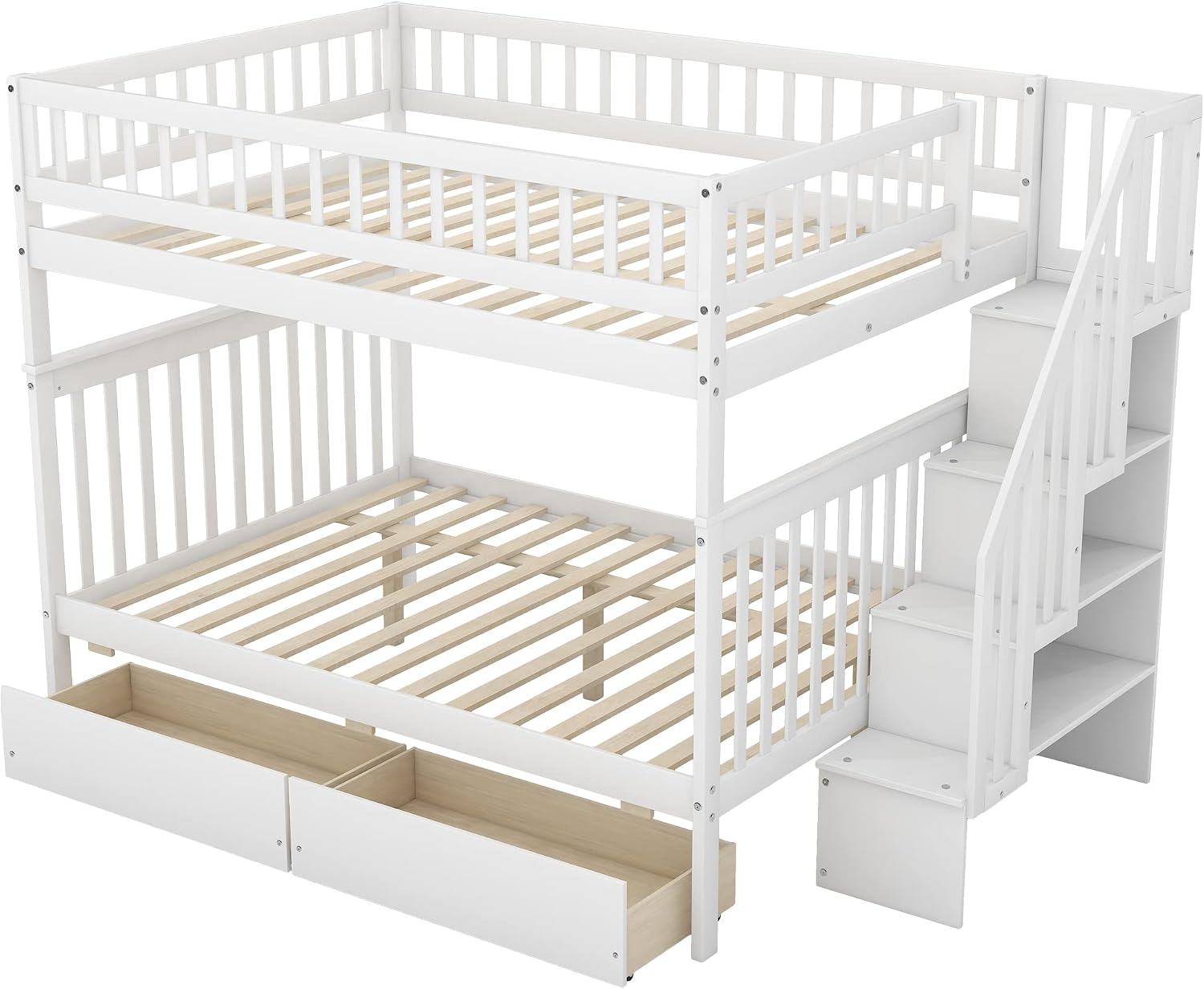 Bellemave Full Over Full Bunk Beds with Stairs Stairway Bunk Bed Frame with Storage Shelves for Teens Adult, Detachable Wood Full Bunk Bed, Gray