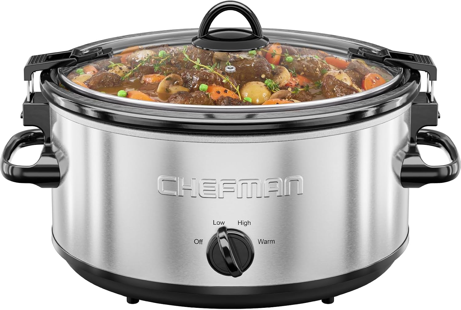 Chefman Triple Slow Cooker & Food Warmer, Three Crock Slowcooker with 2.5 Qt. Ceramic Crocks, 7.5-Quart Total Capacity, PFAS-Free, Three Temperature Settings, Dishwasher-Safe Parts – Stainless Steel