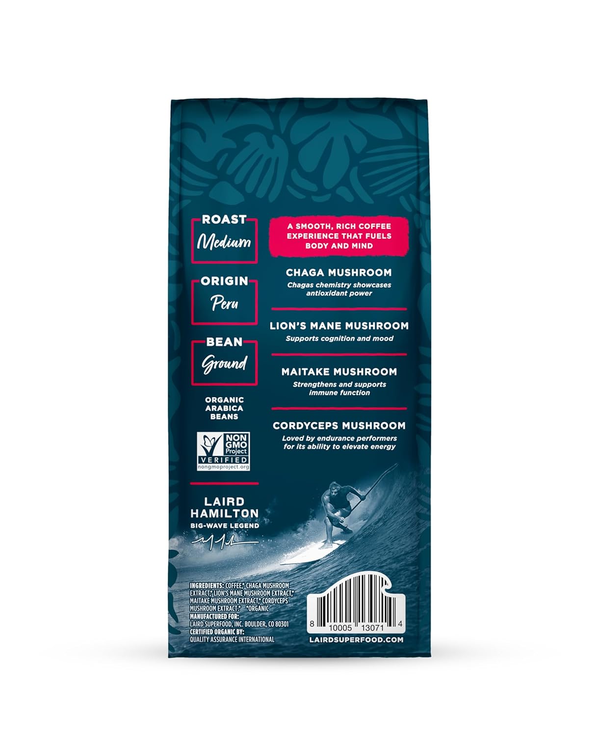 Laird Superfood Peruvian Dark Roast Coffee with Functional Mushrooms, Certified Organic Peruvian Ground Coffee Beans, Gluten-Free, Dairy-Free, Non-GMO