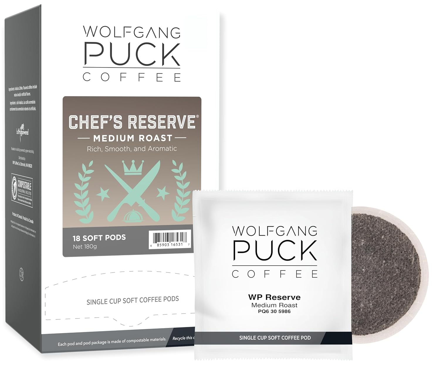 Wolfgang Puck Coffee, Chef's Reserve, Medium Roast, 9.5 Gram Soft Pods, 18 Count (Pack of 1)