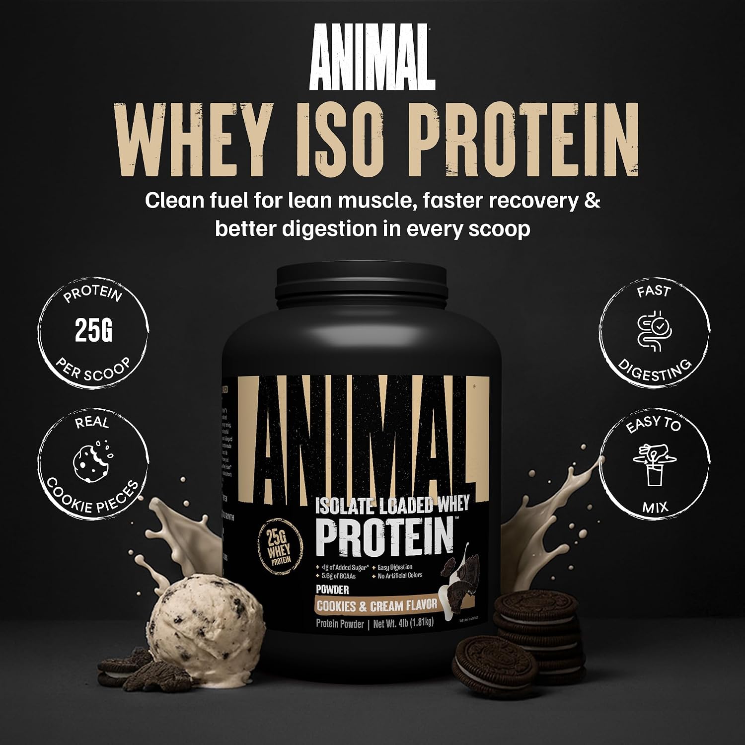 Animal Whey Isolate Protein Powder - Loaded for Pre & Post Workout Muscle Builder and Recovery with Digestive Enzymes for Men & Women - 25g Protein, Great Taste, Low Sugar - Chocolate 2 lbs