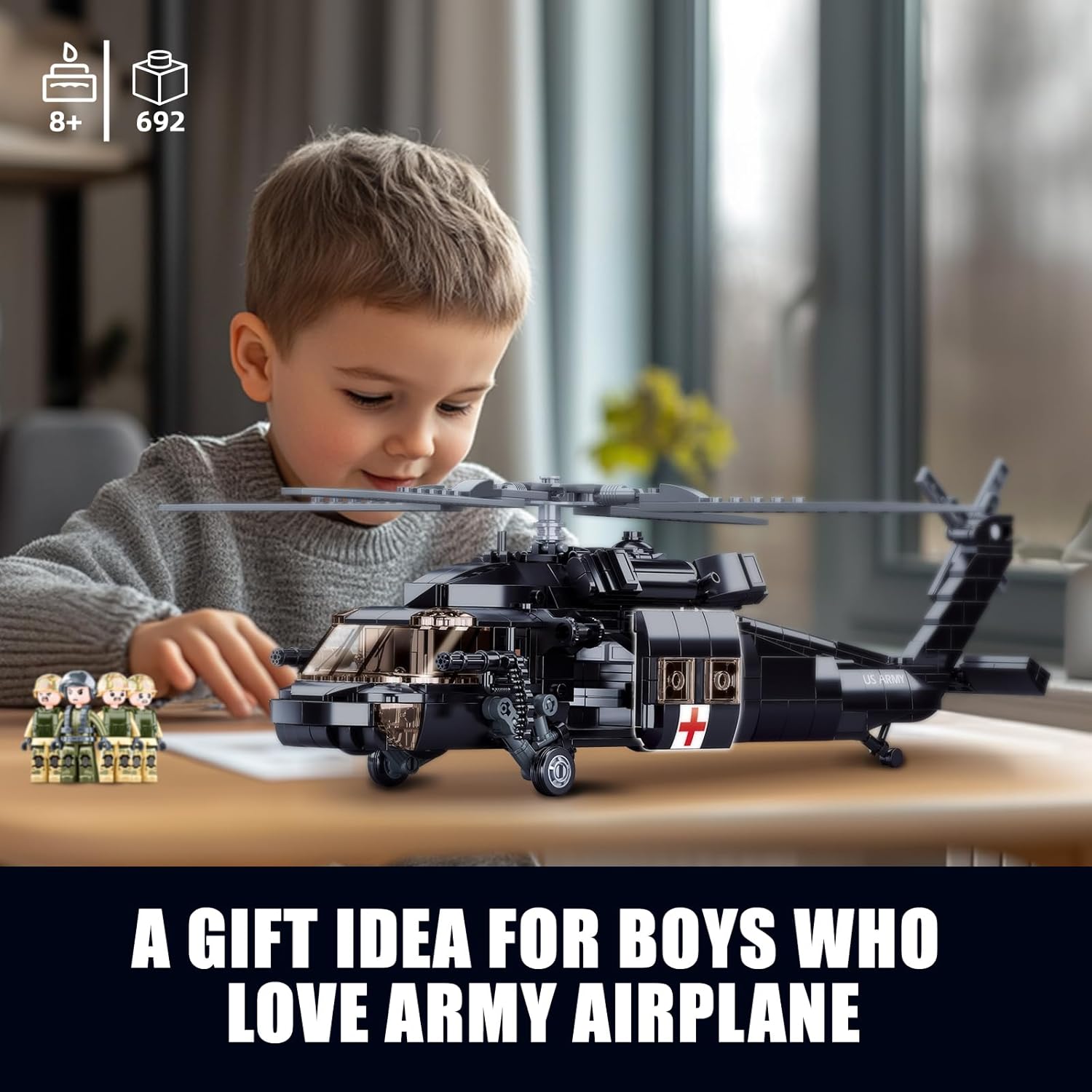 UH-60 Black Utility Helicopter Building Set, Hawk Plane Model (692 PCS) | with 4 Soldier Figures, Birthday Gift Toys for 8-14 Boys