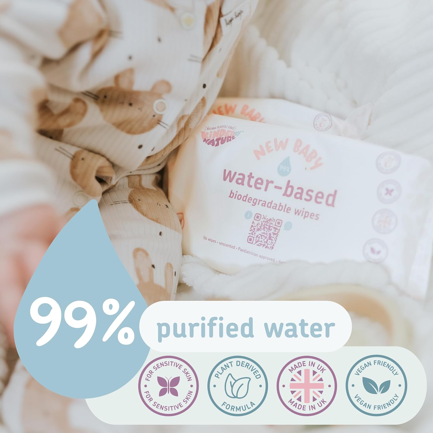 Kinder by Nature Water-Based Baby Wipes - 672 Count (12 packs of 56) -Unscented and Hypoallergenic - 99% water - 100% biodegradable - Plastic-Free