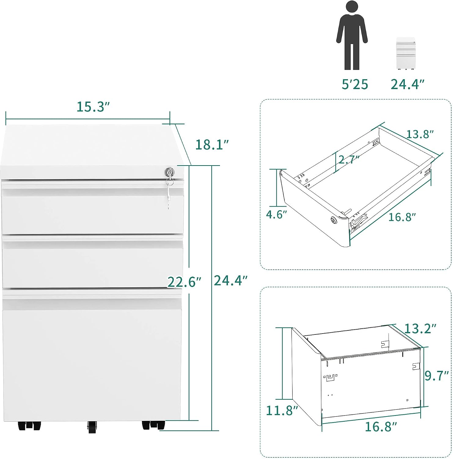 YITAHOME 3-Drawer Mobile File Cabinet with Lock | Office Storage Filing Cabinet for Legal/Letter Size
