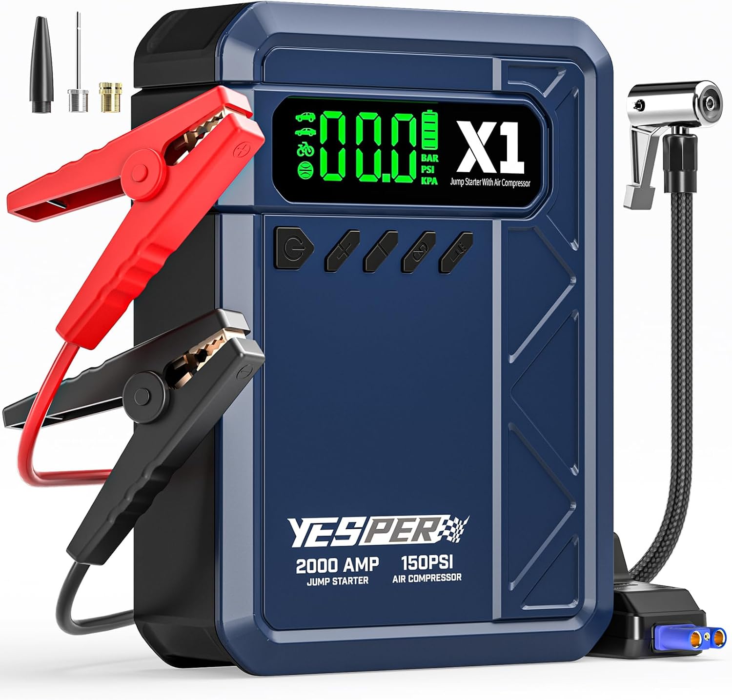 YESPER Jump Starter with Air Compressor 2000A 150PSI Battery Jumper Starter Portable(8L Gas/6L Diesel), 12V Car Jump Pack Battery Charger Jump Box with Jumper Cables, LCD Display, Lights | 2000A Battery Jumper Starter Portable(8L Gas/6L Diesel), Car Batt…