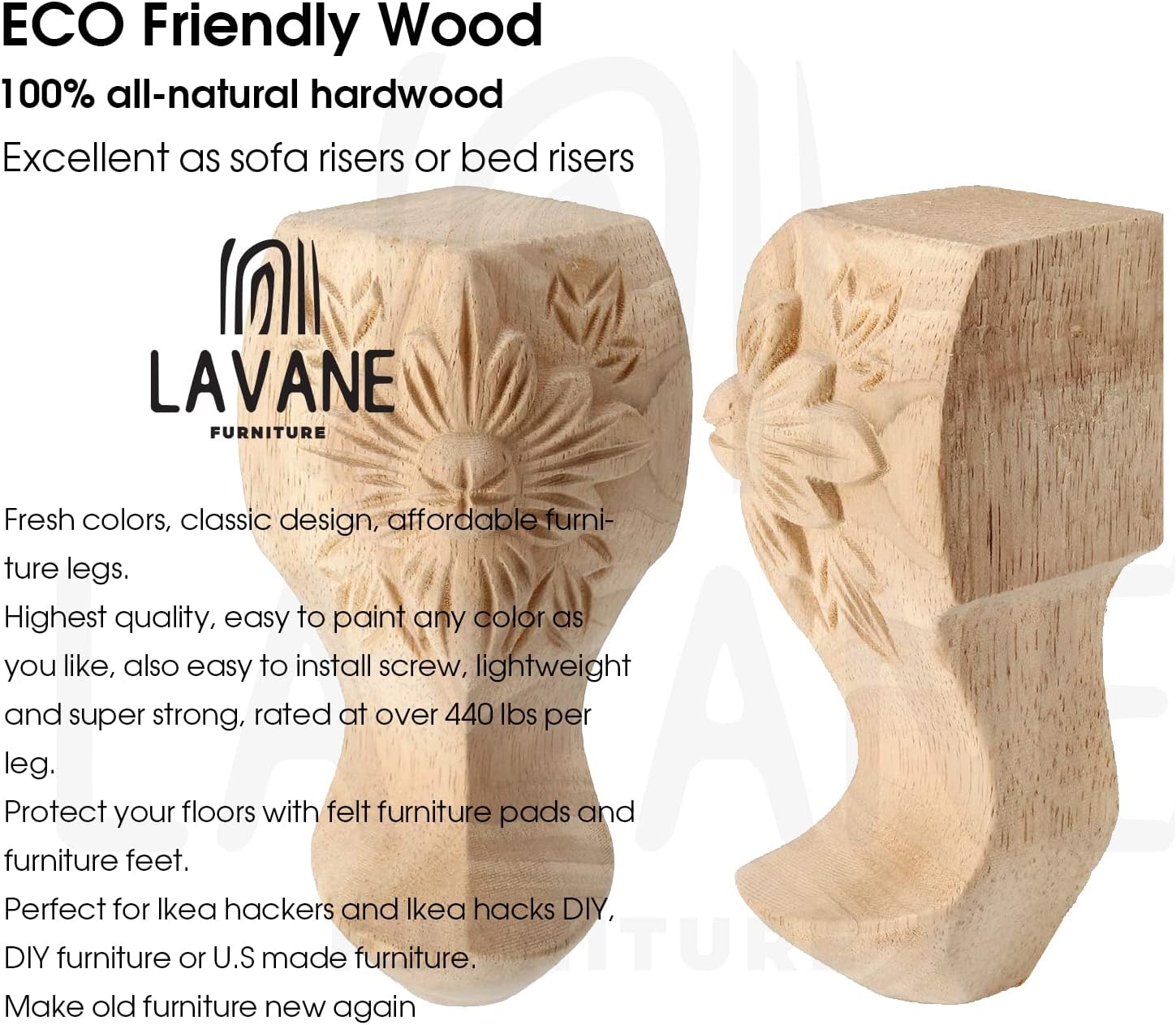 La Vane 6 inch / 15cm Wooden Furniture Legs, Set of 4 European Style Solid Wood Carving Furniture Replacement Feet Decoration for Sofa Cabinet Wardrobe Table Loveseat