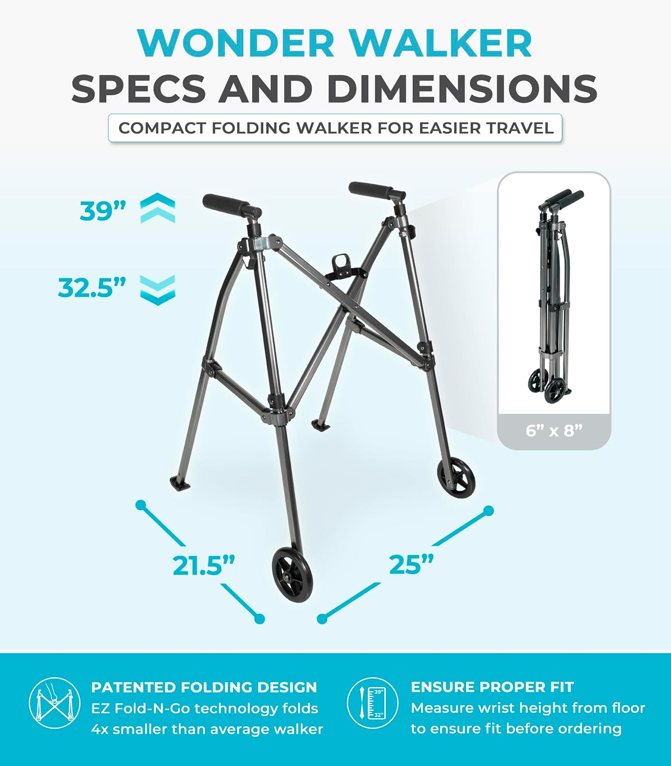 Stander Wonder Walker with 5-inch Wheels, Lightweight Folding Walker for Adults, Seniors, and Elderly, Collapsible Travel Walker
