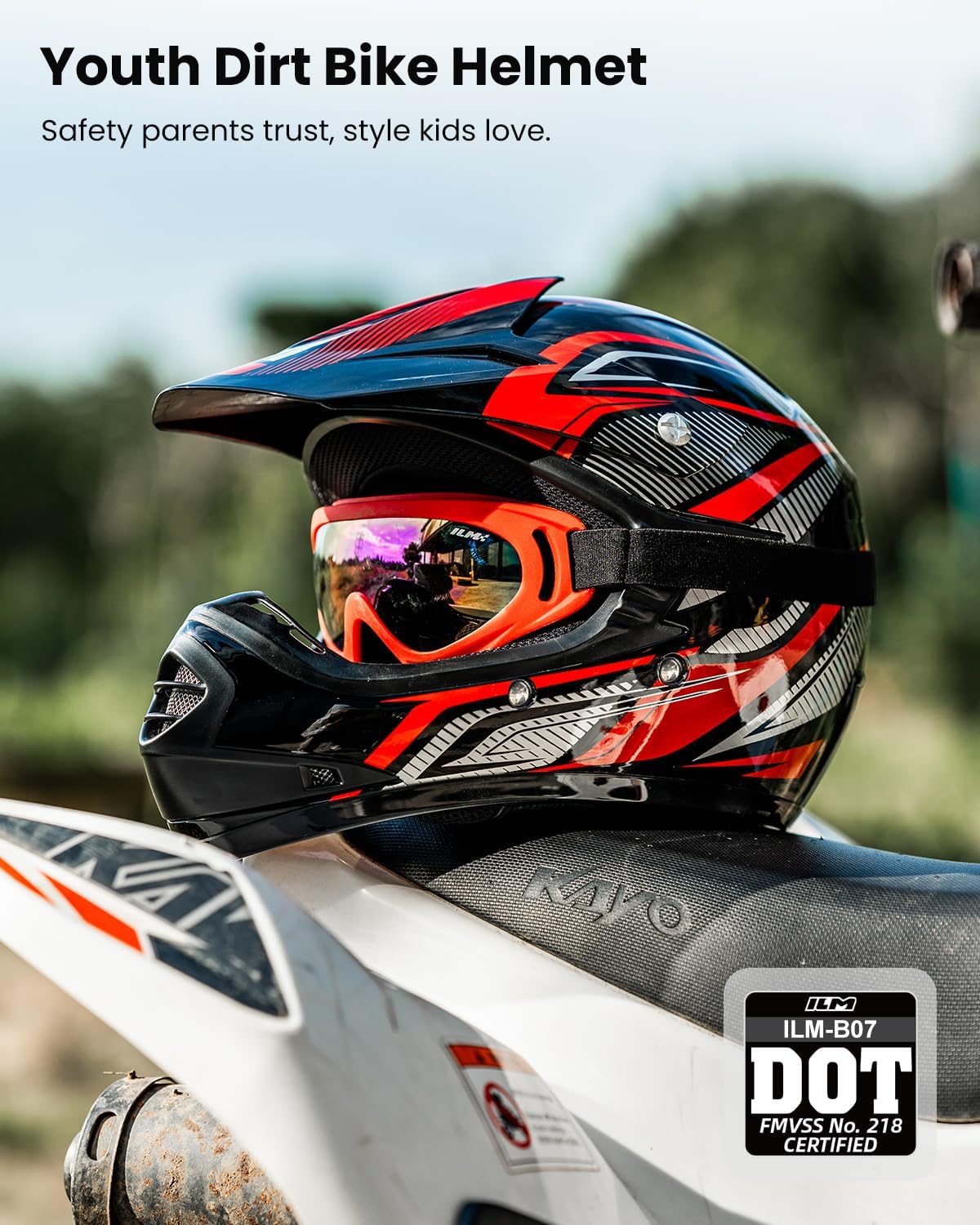 ILM Youth Kids ATV Motocross Helmet Goggles Sports Gloves Dirt Bike Motorcycle Off Road DOT Approved B07 (Youth-L, Matte Black)