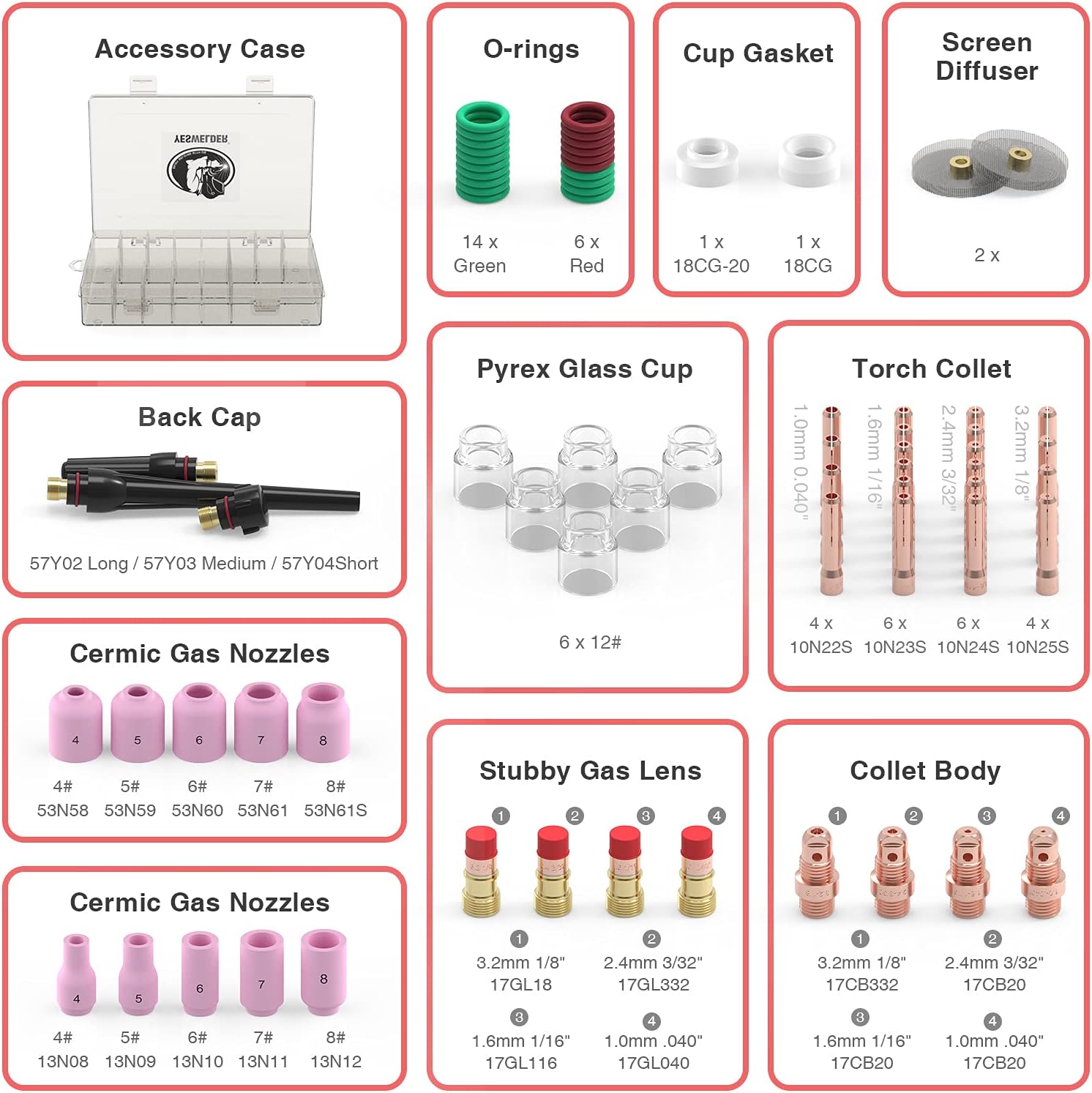 YESWELDER 49Pcs TIG Welding Torch Stubby Gas Lens #10 Glass Cup Kit