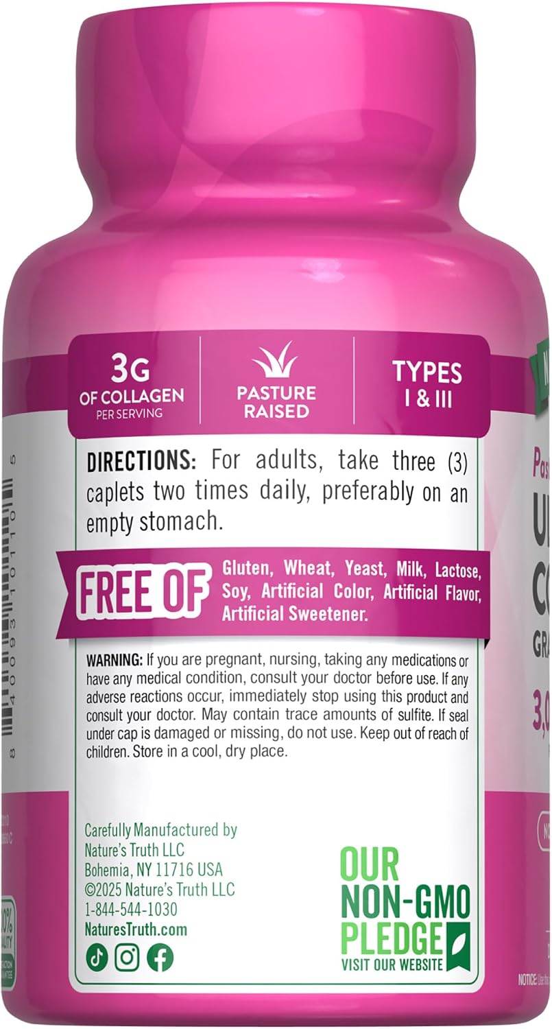 Nature's Truth Collagen Peptides | 90 Caplets | Type 1 and 3 with Vitamin C | Grass Fed, Non-GMO & Gluten Free Supplement