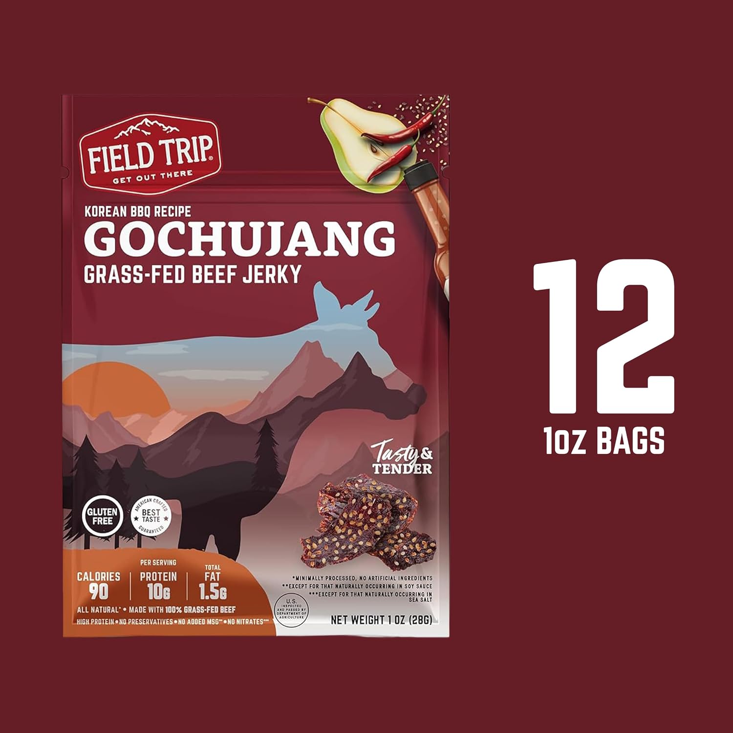 Field Trip Beef Jerky, Original, 1 Oz Bag, 12 Bags/carton | Grass Fed Beef Jerky, Healthy Gluten Free Snacks, All Natural, Paleo-Friendly Beef Jerky, High Protein, Low Carb, No Nitrates