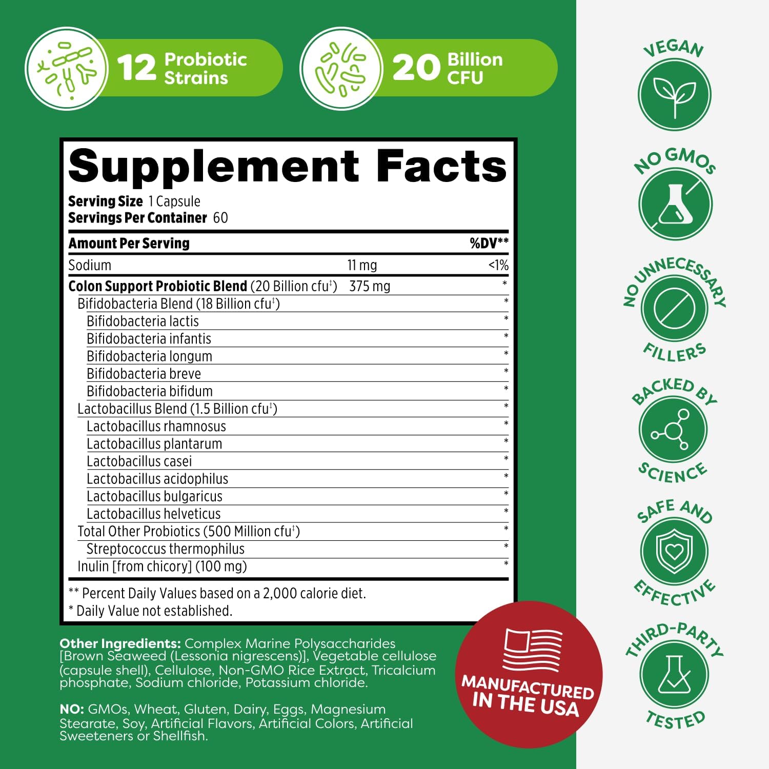Probulin Colon Support Daily Probiotic + Prebiotic + Support Gut Health, Occasional Gas and Bloating - 20 Billion CFU - 12 Strains, 30 Vegan Capsules