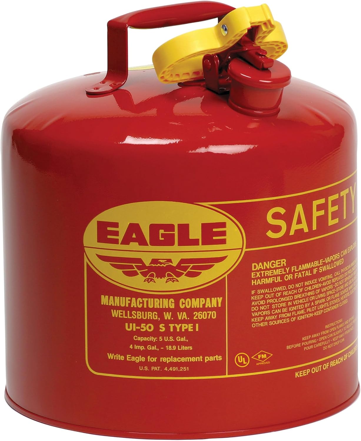 Eagle 5 Gallon Type I Red Safety Gas Can for Gasoline | Flame Arrester and Self-Closing Lid, Made in the USA, Galvanized Steel Flammable Storage Can