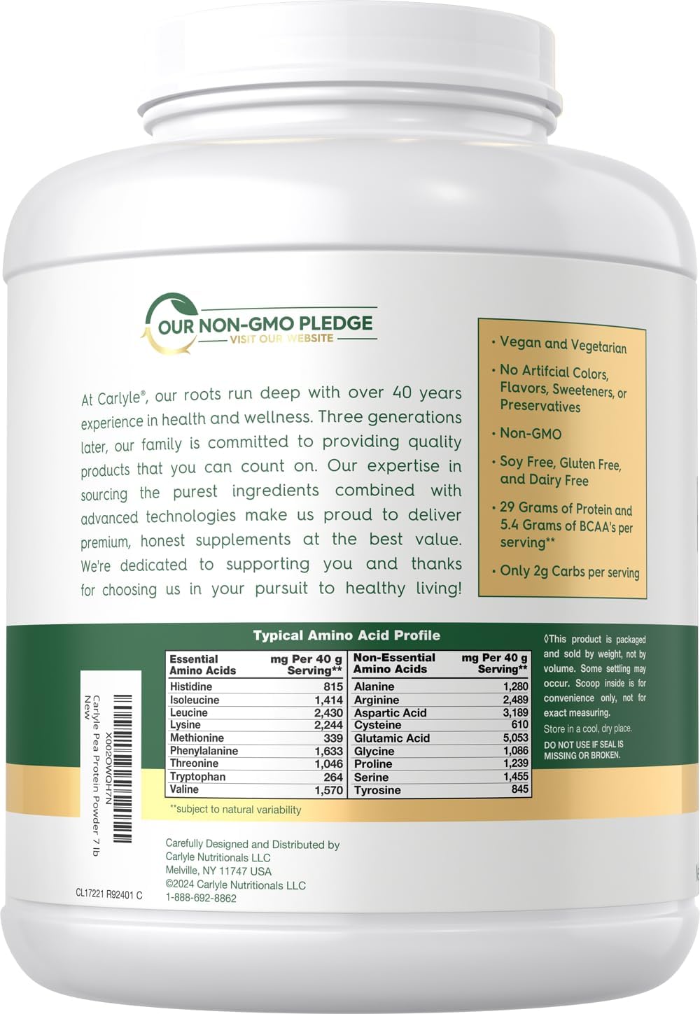 Carlyle Pea Protein Isolate Powder | 7lb | Unflavored | 29G Per Serving | Vegetarian, Non-GMO, Gluten, and Soy-Free