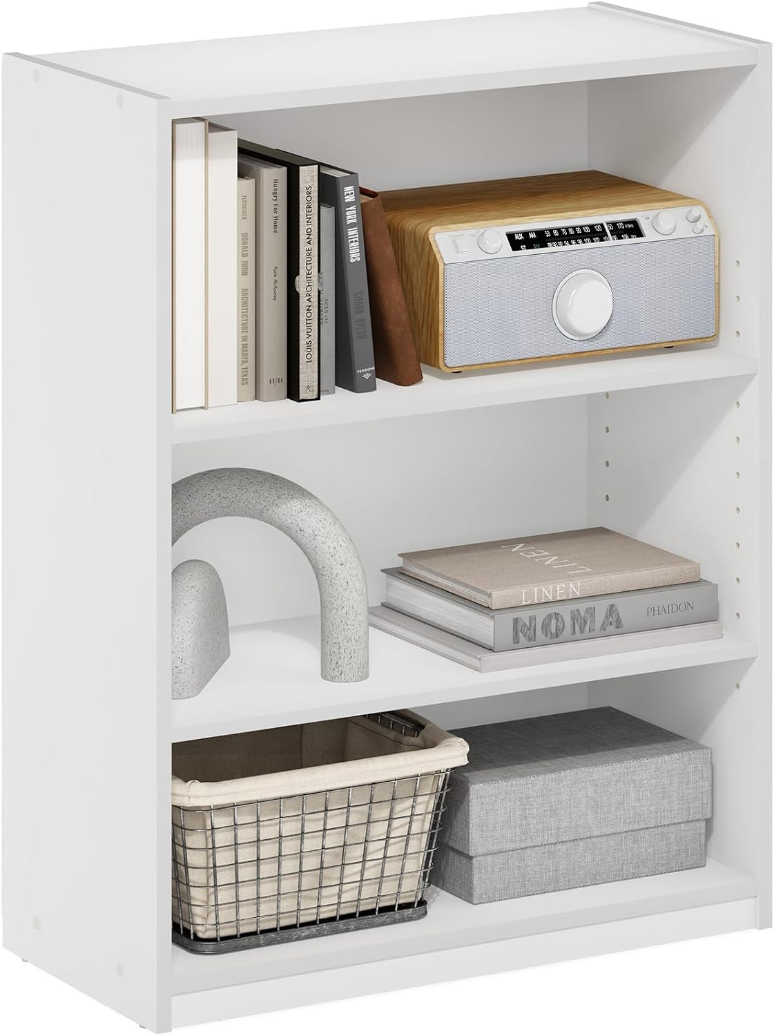 Furinno Jaya Book Shelf, 3-Tier Bookshelf, Bookcase with Adjustable Shelves, 9.5 x 24.5 x 40.3, for Organization and Storage, for Living Room, Bedroom, Home Office, White