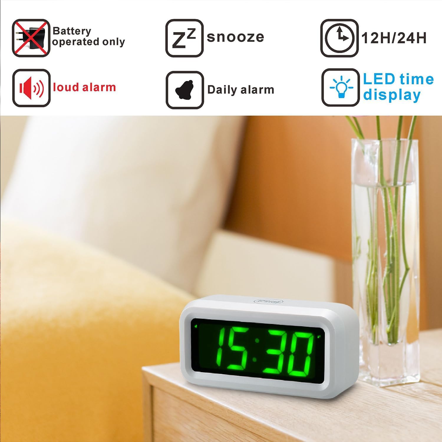 Digital Alarm Clock Battery Operated with LED Display for Bedrooms, Long Battery Life for 12 Months, 3 Brightness Adjustable, 12/24 Hour, Snooze, Black Case with Red Digits