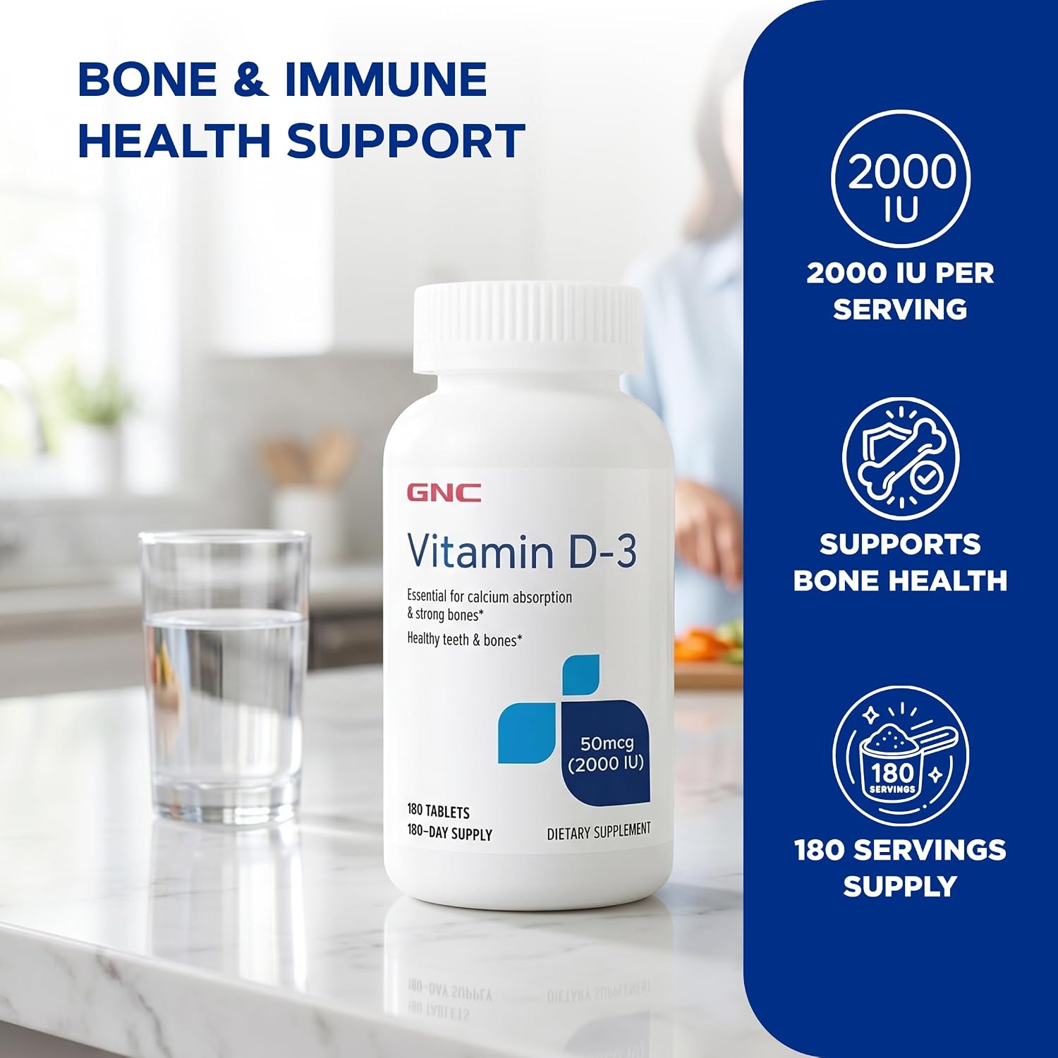 GNC Vitamin D3 50mcg Supplement, 2000 IU, Supports Teeth and Bone Health,180 Servings