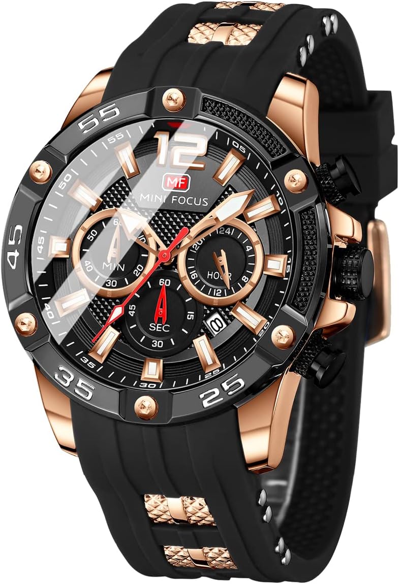 MF MINI FOCUS Men Watch, Chronograph Waterproof Sport Analog Quartz Watches Blue Silicon Strap Fashion Wristwatch for Men