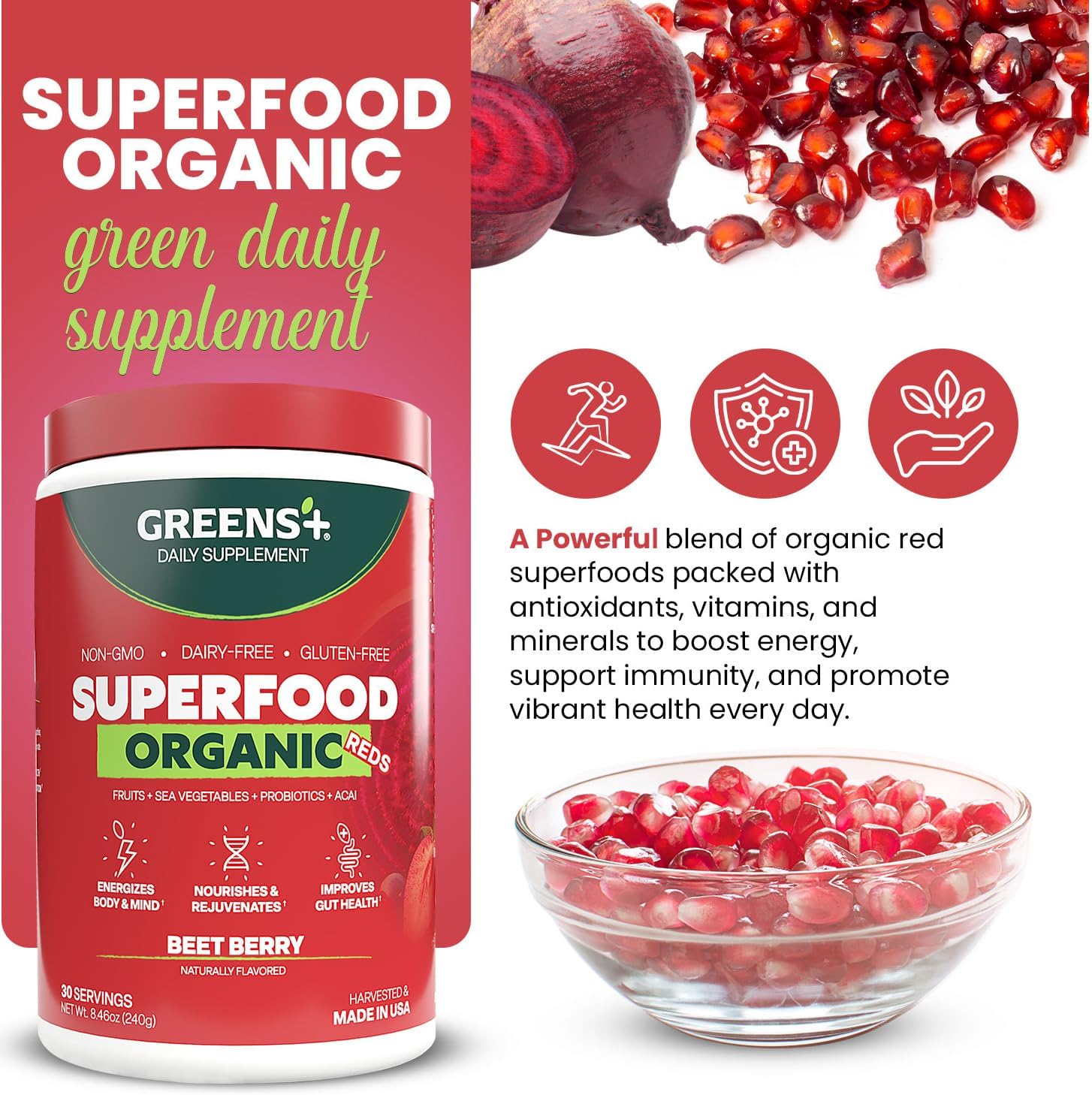 Greens+ Organic RAW Superfood Powder, Dietary Supplement | 8.46oz | Energy Boost | Super Blend Immune Support, Morning Kick, Nutrition Vibrant Health, Vegan, Soy Free | Dairy Free | Gluten Free