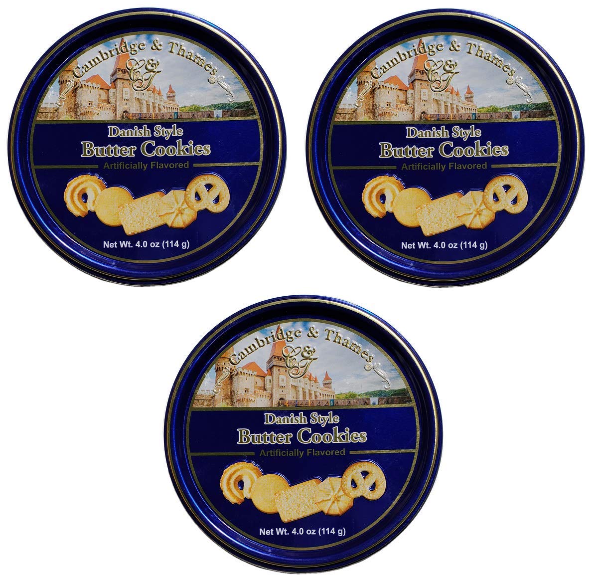Cambridge and Thames Danish Butter Style Butter Cookies - 4 Oz. Mini Gift Tin - 3 Pack