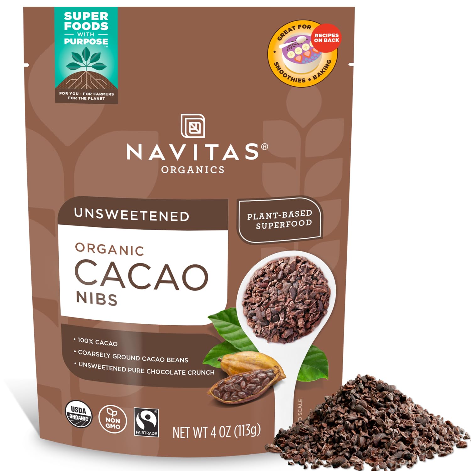 Navitas Organics Cacao Nibs – Unsweetened Dark Chocolate Crunch – Antioxidants, Minerals, Fiber – For Trail Mix, Baking & More – USDA Organic, Fairtrade, Non GMO, Gluten Free, Non-alkalized (8oz. Bag 76 Servings)