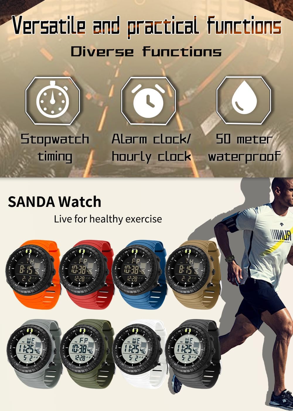 Gosasa Men Sport Watch Countdown Stopwatch Watch Mens Wrist Watch Waterproof LED Electronic Digital Male Watch 12/24 Hour Multifunctional Watch