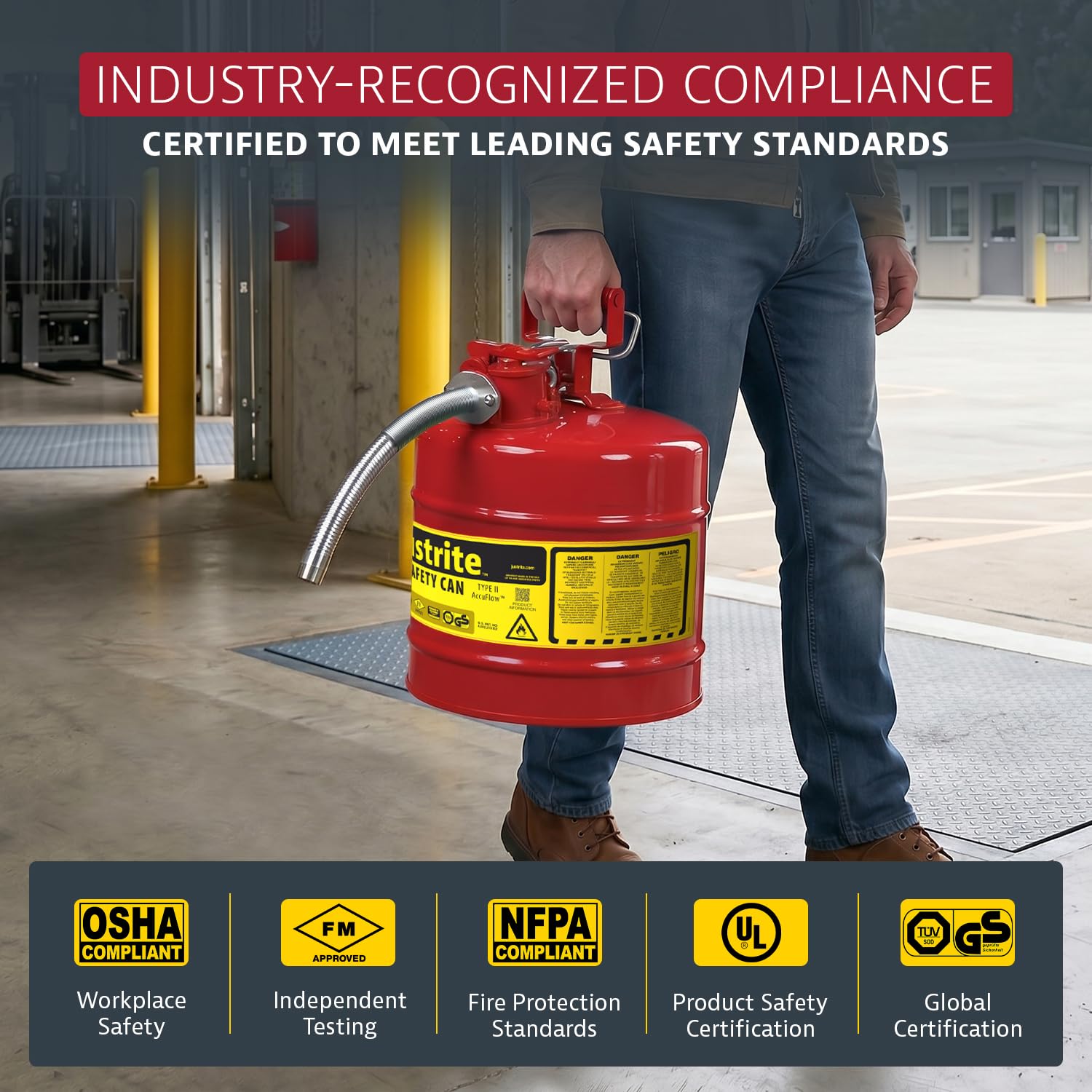 Justrite Type II Gasoline Safety Can, Red Galvanized Steel, FM Approved | Flammable Liquid Storage Can with Controlled Pouring, 5 Gallon Capacity