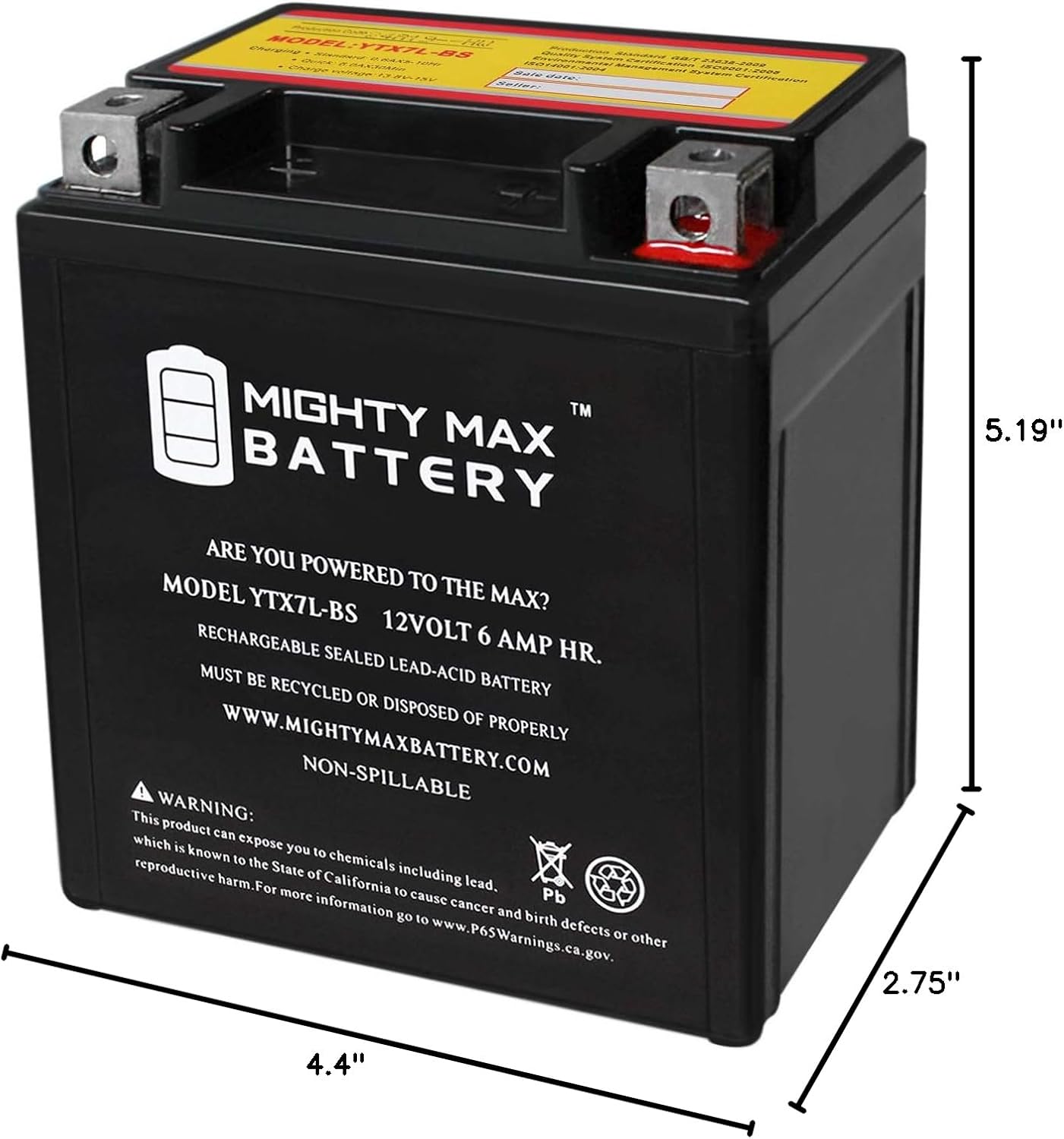 Mighty Max Battery YTX7L-BS -12 Volt 6 AH, 100 CCA, Rechargeable Maintenance Free SLA AGM Motorcycle Battery