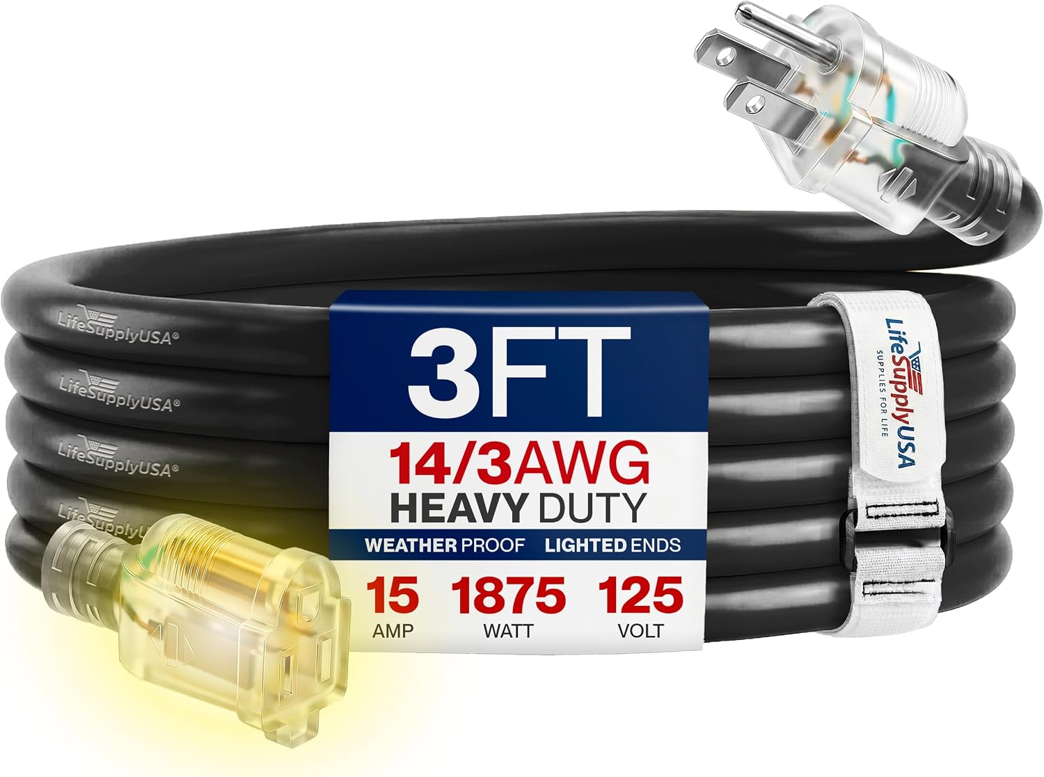 25ft Outdoor/Indoor Extension Cord 12/3 Gauge Extra Heavy Duty 3 Prong SJTW, Waterproof, Flexible Cold-Resistant Long Power Cord,15A 125V 1875W, Yellow by LifeSupplyUSA