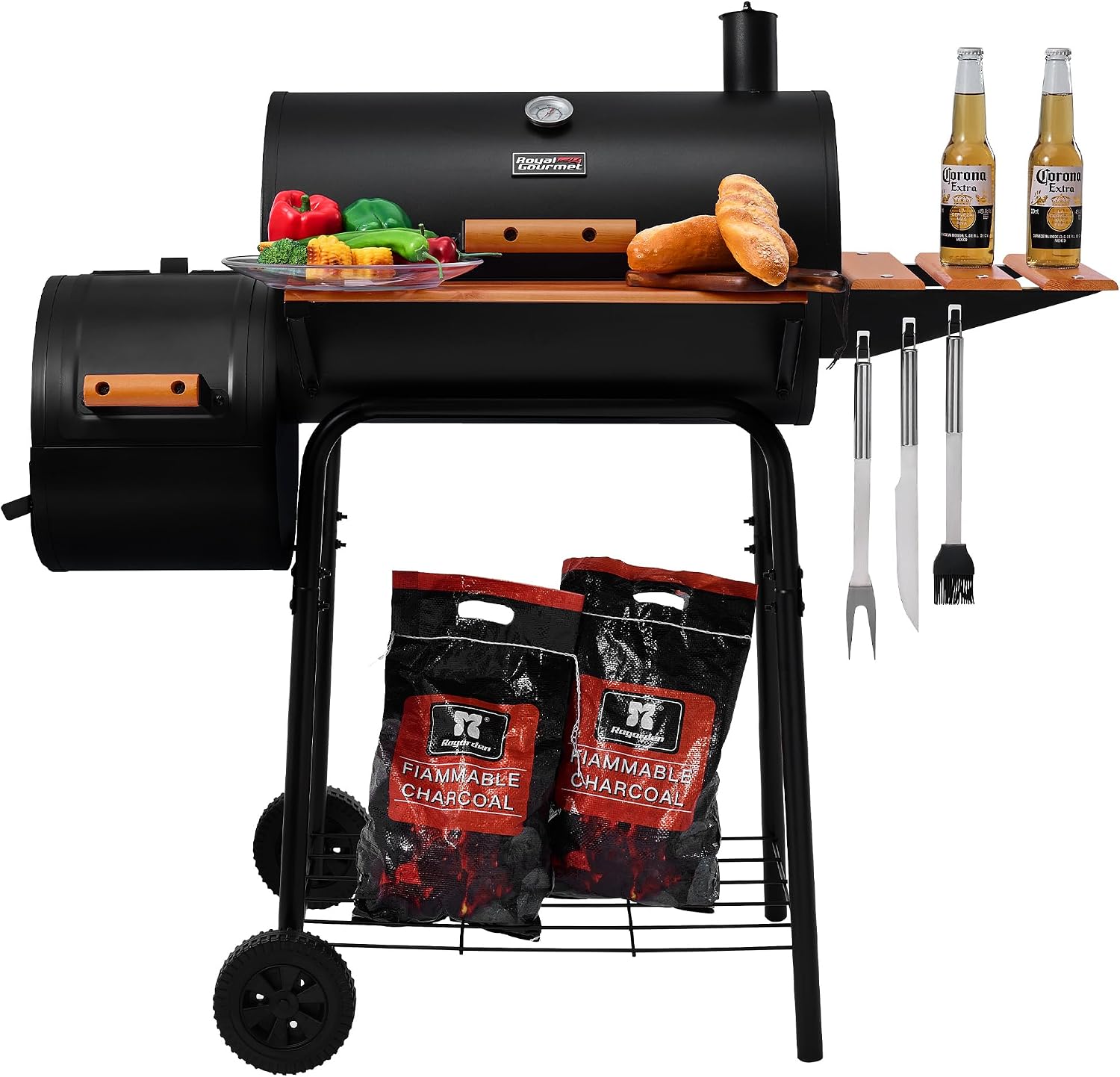 Royal Gourmet CC1624W Barrel Charcoal Grill with Offset Smoker, 552 Sq. In. | Wooden Front and Side Shelf with Hooks, Mesh Bottom Shelf