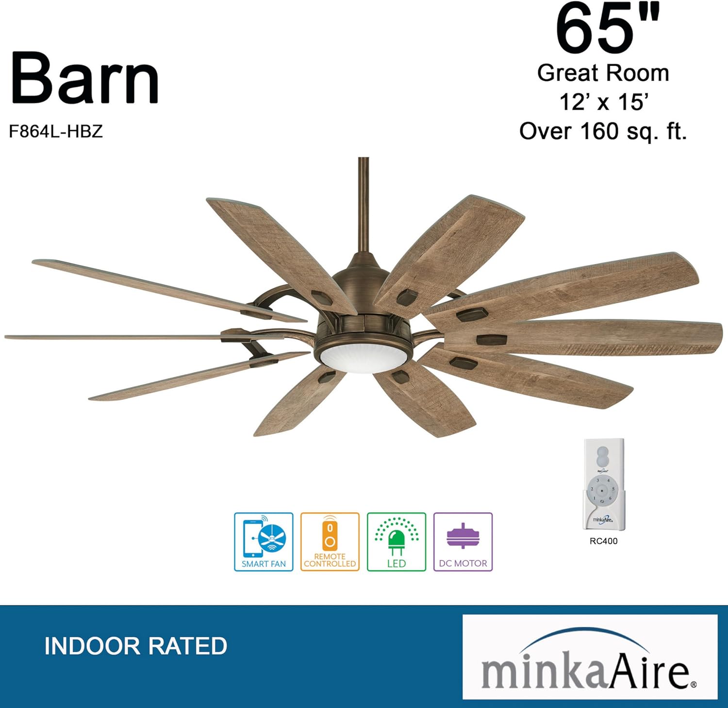 MINKA-AIRE F864L-HBZ Barn 65 Ceiling Fan with LED Light and DC Motor, Brown Heirloom Bronze Finish