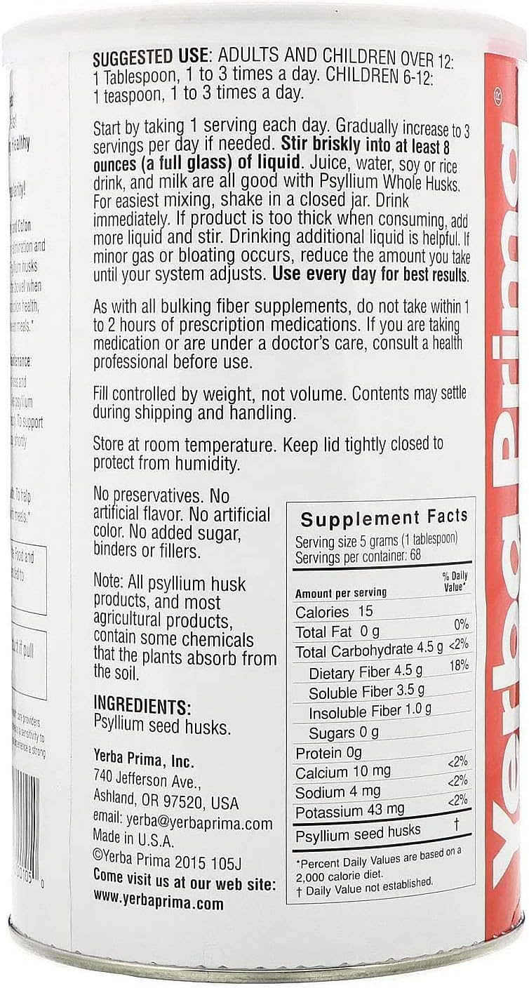 Yerba Prima Psyllium Whole Husks, Colon Cleanser 12 oz (Pack of 2) - All Natural Dietary Fiber, Pure Premium Psyllium, Lab-Tested Non-GMO, Gluten-Free Fiber