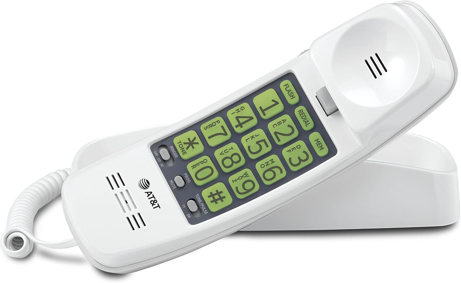 AT&T Trimline Corded Phone, No AC Power Needed, Extra Large Buttons, Visual Ringer, Lighted Keypad, 10-Number Speed Dial, Wall Mountable, White | 213