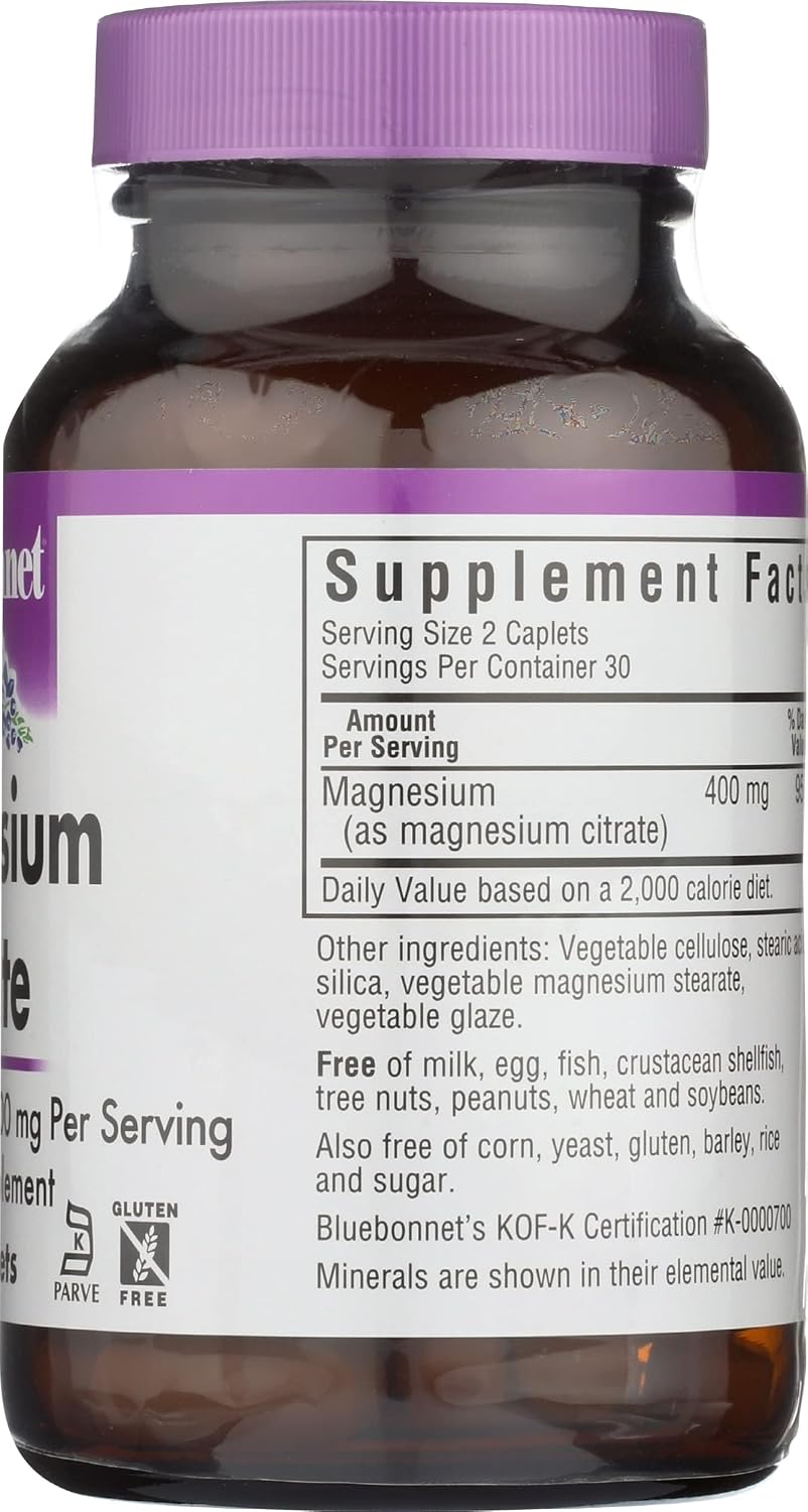 Bluebonnet Nutrition Magnesium Citrate, 400mg of Magnesium, Maximum Absorption, Supports Immune Health & Energy Production*, Soyfree, Gluten-Free, Non-GMO, Kosher, Dairy Free, Vegan, 120 Caplets | Supports Immune Health & Energy Production; Non-GMO, Vega…