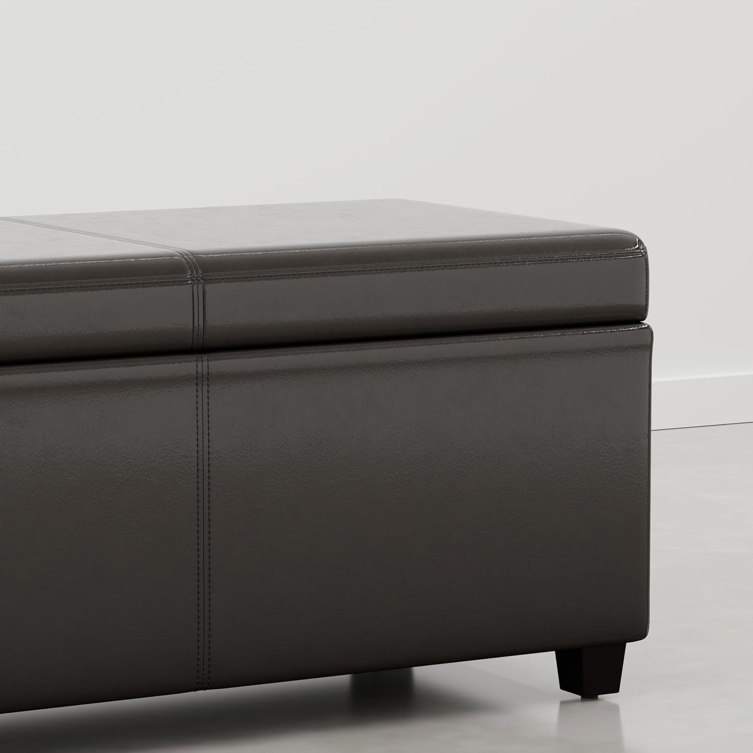 SIMPLIHOME Avalon 48" Wide Vegan Leather Storage Ottoman in Brown