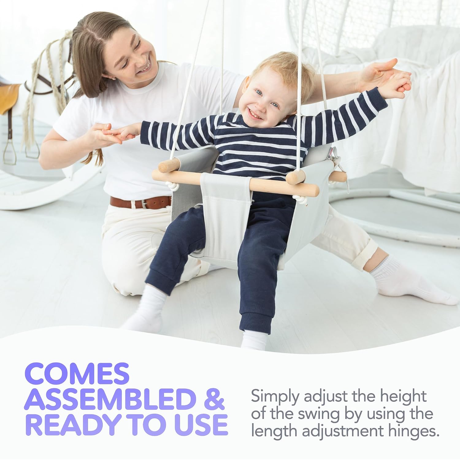 CaTeam Canvas Baby Swing Seat with 5-Point Safety Belt — Wooden Hanging Toddler Swing, Indoor & Outdoor, Ages 1-4, Ceiling Mount Hardware Included