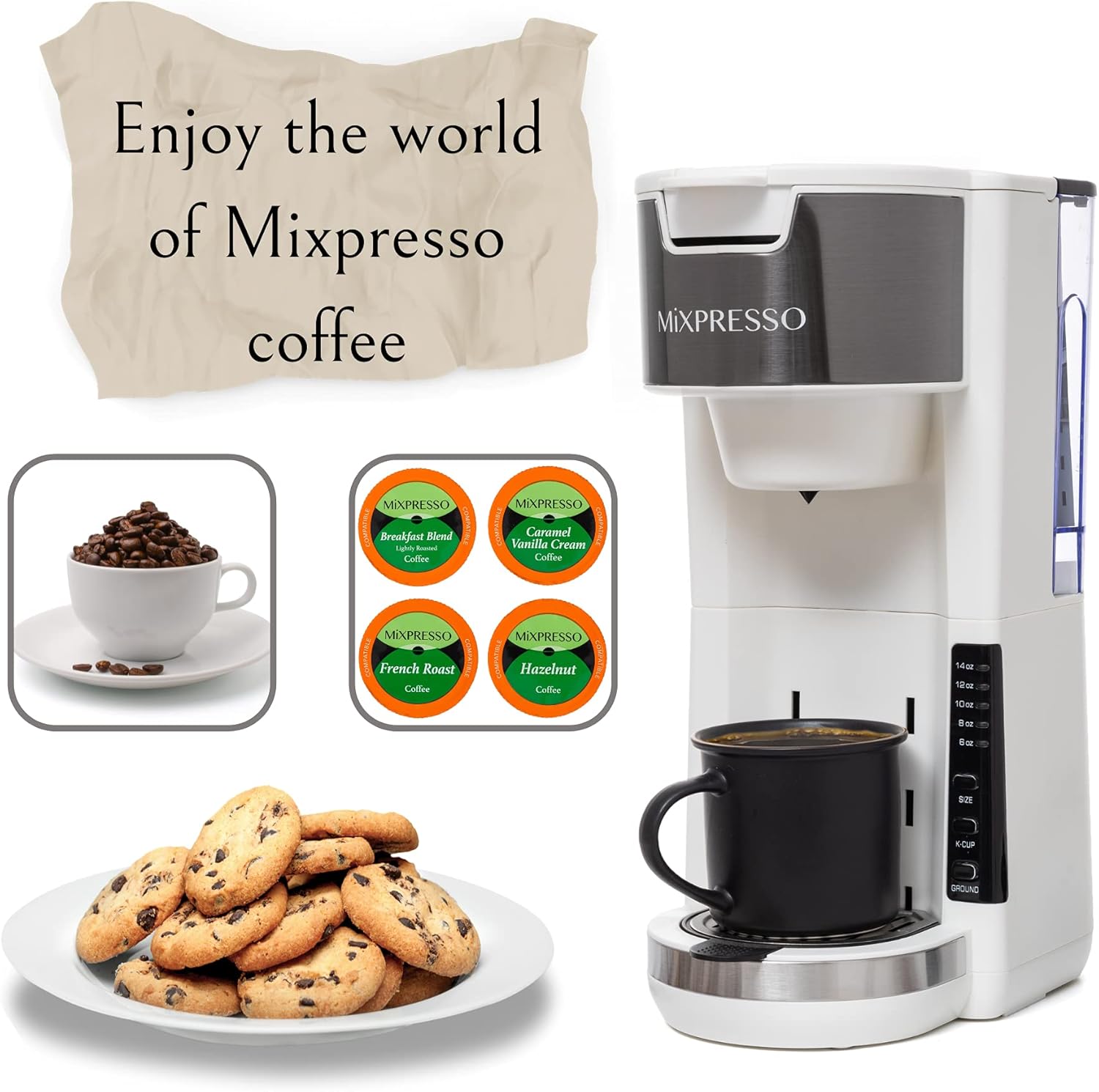 Mixpresso Black Single Serve Coffee Brewer K-Cup Pods Compatible & Ground, 30 oz Compact Coffee Maker Single Serve With 5 Brew Sizes Up To 14 Oz