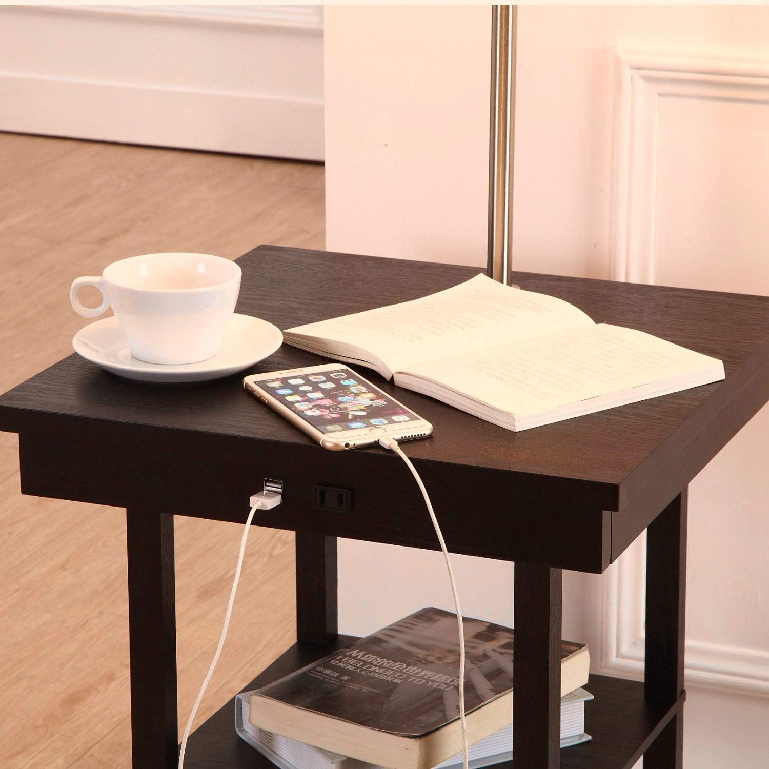 Brightech Madison Side Table with Lamp Combo with LED Bulb, Desk Lamp with USB Port, Bedside Reading Light, Modern End Table with Floor Lamp for Bedroom, Living Room, Office - Havana Brown