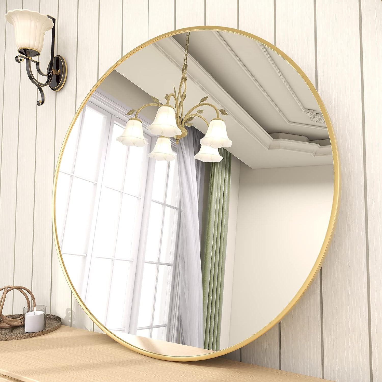 BEAUTYPEAK 24 Inch Round Mirror, Metal Frame Circle Mirror, White