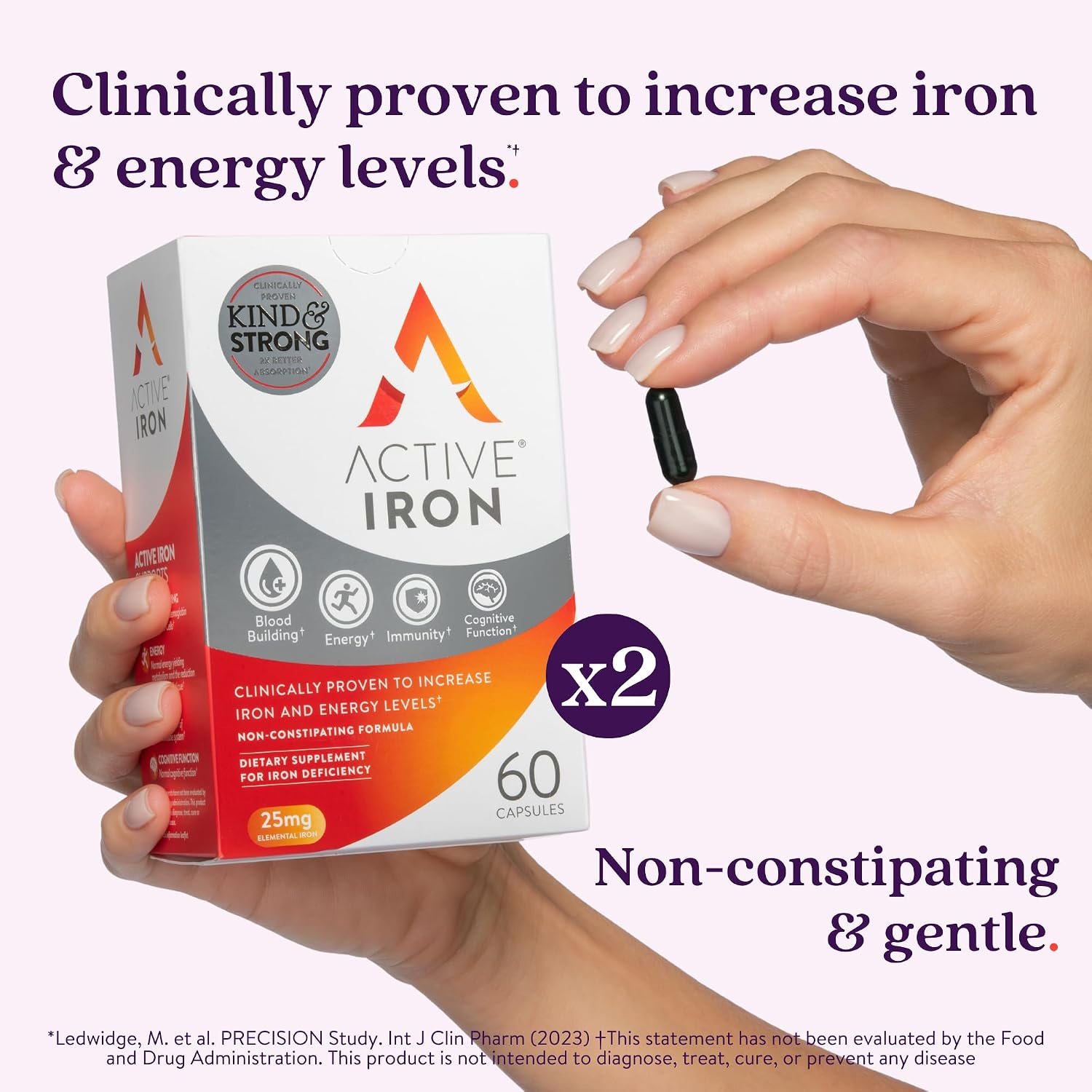 Active Iron Supplement 25mg, Clinically Proven to Increase Iron, Gentle | Optimum Absorption Iron Pills, Increases Energy Levels, Non-Constipating, Avoids Nausea, 60 On-the-Go Foil Protected Capsules