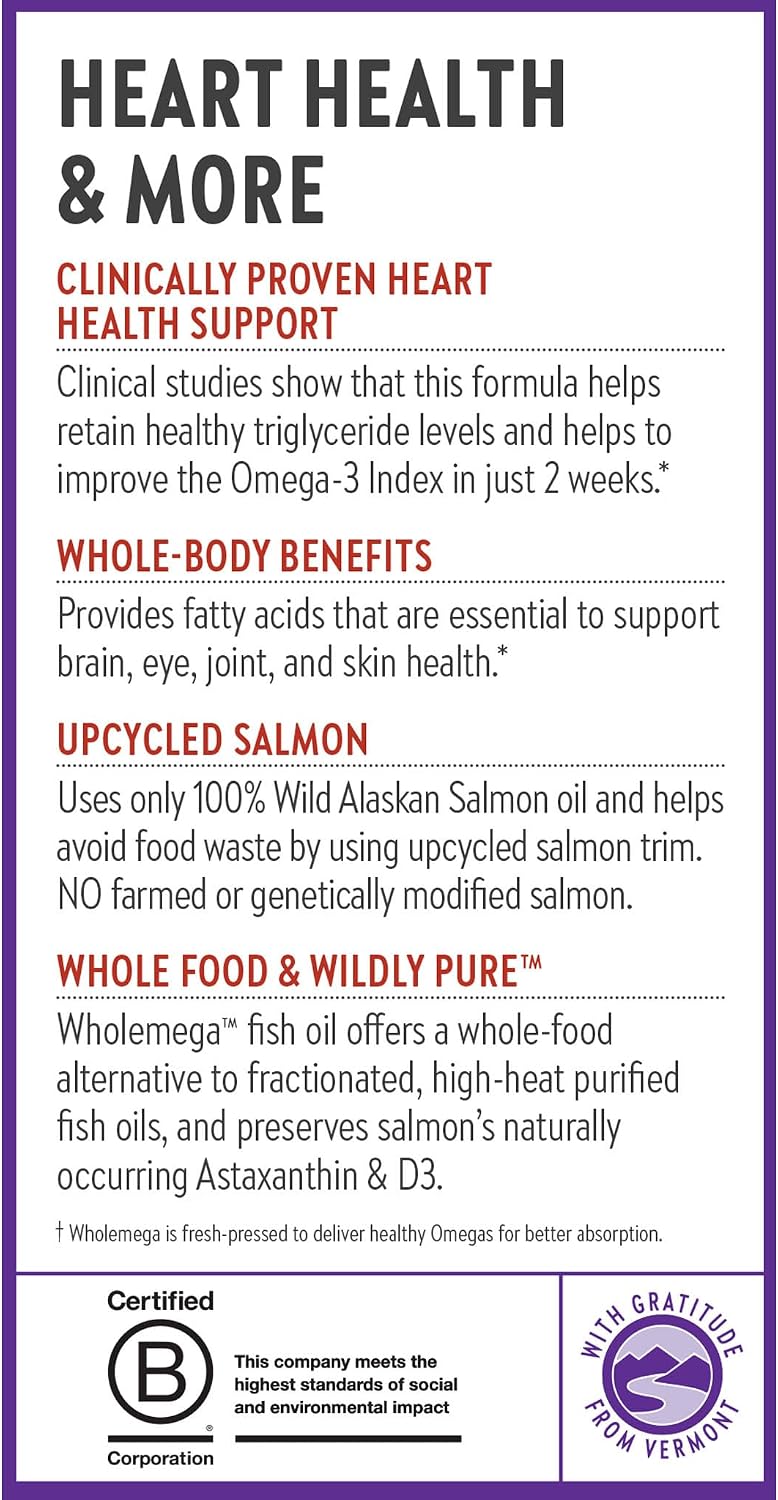 New Chapter Wholemega Fish Oil Supplement - 2000mg per Serving, Clinically Proven Wild Alaskan Salmon Oil with Omega-3 + Vitamin D3 + Astaxanthin, 120 Softgels