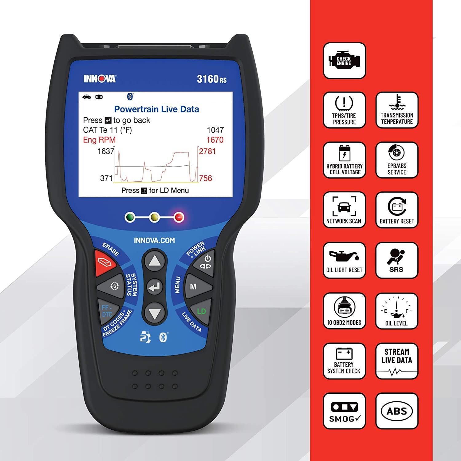 INNOVA 3160RS OBD2 Scanner, ABS Brake Bleeder, ABS SRS Engine Transmission Diagnoses, Clear Trouble Codes, Car Battery Tester & Alternator Tester
