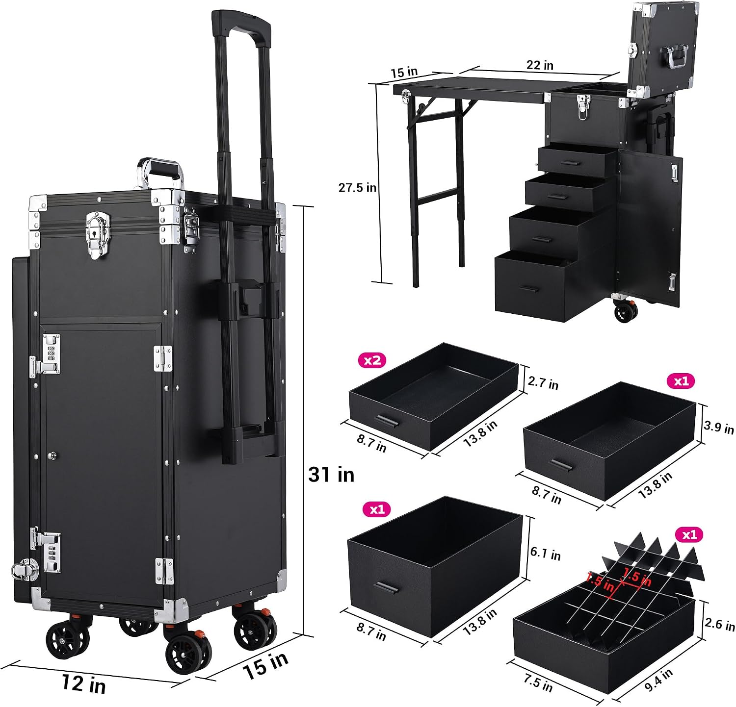 BYOOTIQUE Portable Nail Desk with 4 Storage Drawer Rolling Manicure Table