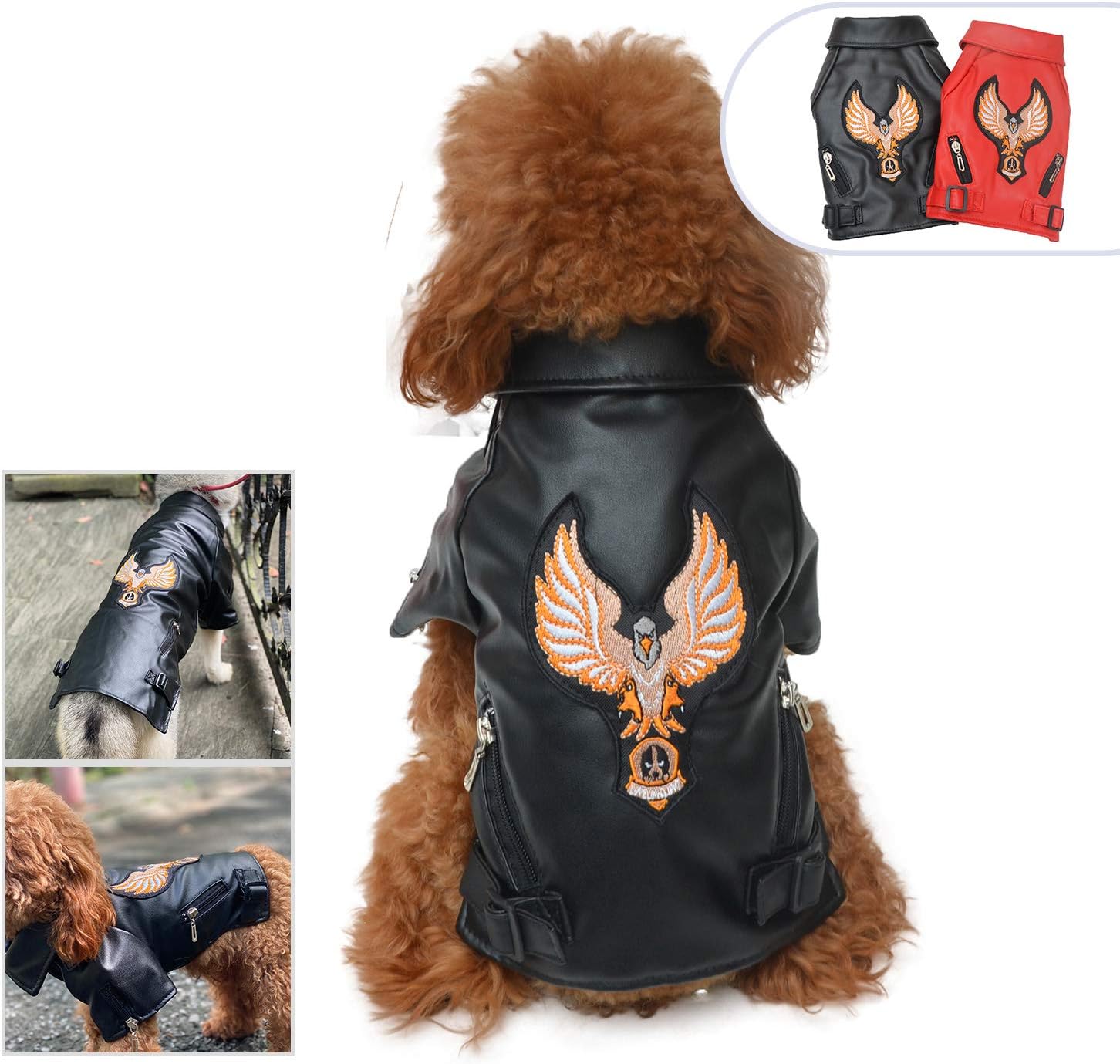 Lovelonglong Cool Dog Leather Jacket, Warm Coats Dogs Windproof Cold Weather Coats for Large Medium Small Dogs with Eagle Embroidery Black XS