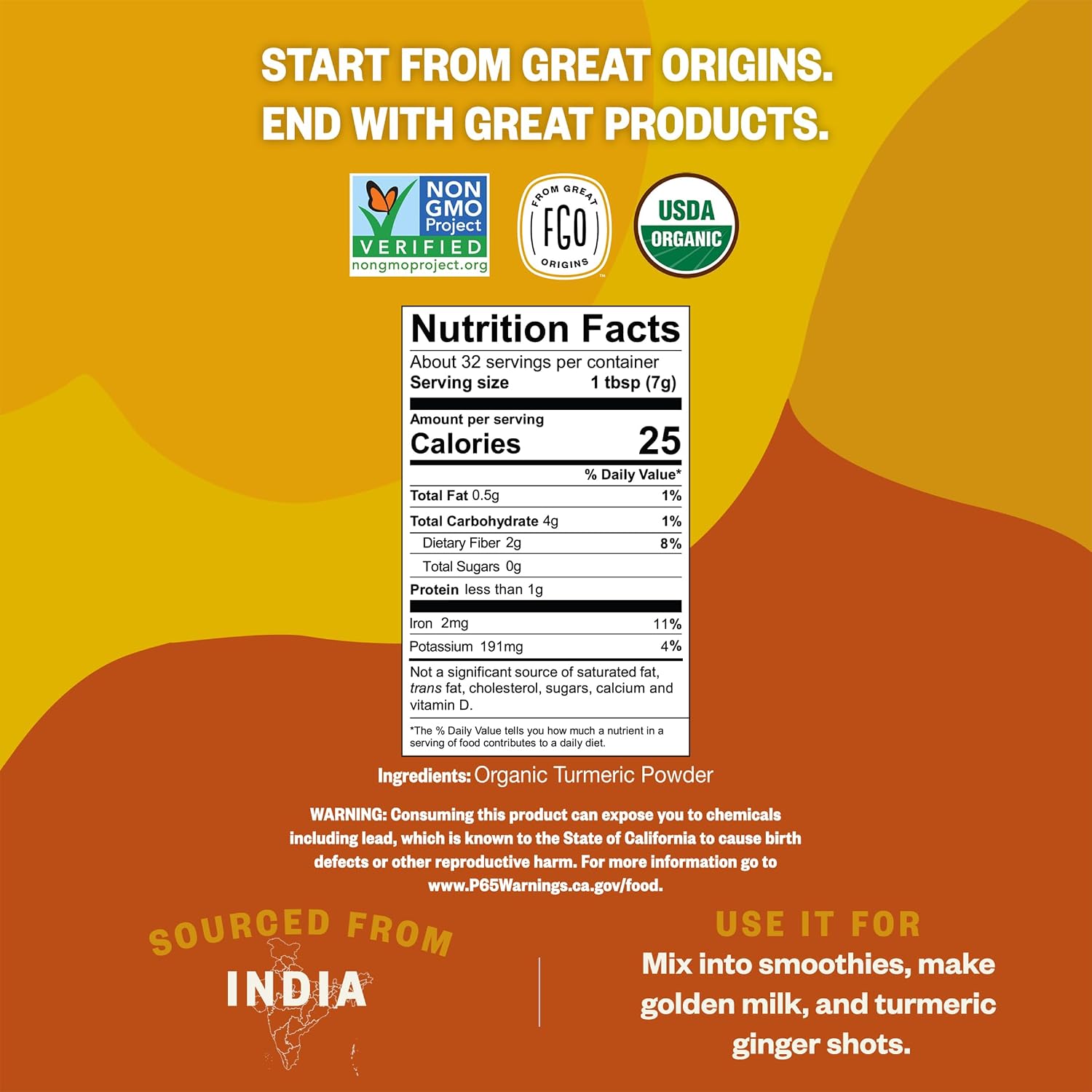 FGO Organic Turmeric Powder w/Curcumin, 8oz Resealable Pouch, USDA Organic and Non-GMO, Sourced from India, Packaging May Vary (Pack of 1)