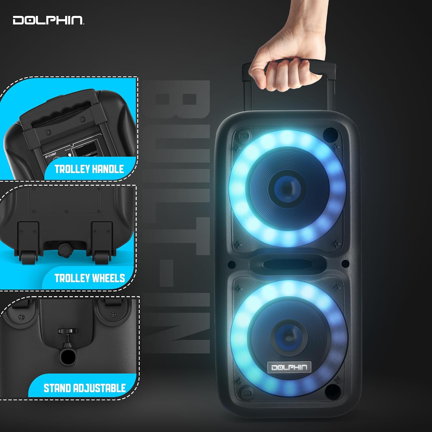 Dolphin Bluetooth Party Speaker with Wired Microphone, Dual 12" Woofers | 5-Band EQ, Hi-Fi Amplifier, Multicolor LED Lights, USB & AUX Playback