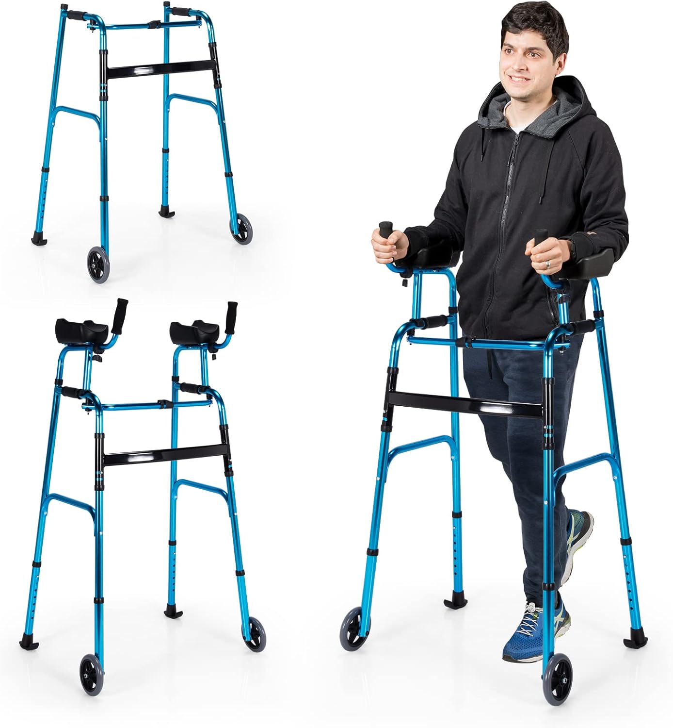 Goplus Walkers for Seniors, Foldable Standard Walker with 5’’ Wheels and Removable Padded Armrests 220lbs, Lightweight Walking Mobility Aid