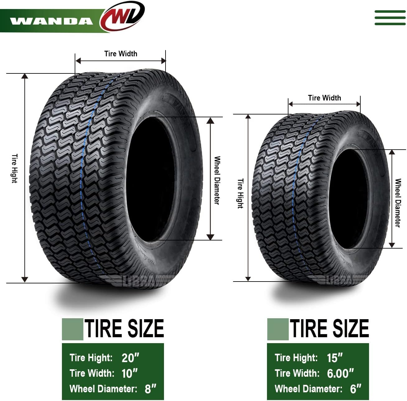 WANDA Set 4 Lawn Mower Turf Tires 16x6.5-8 & 23x10.5-12 /4PR -13019/13049 | Riding Lawn Mover, Garden Tractor
