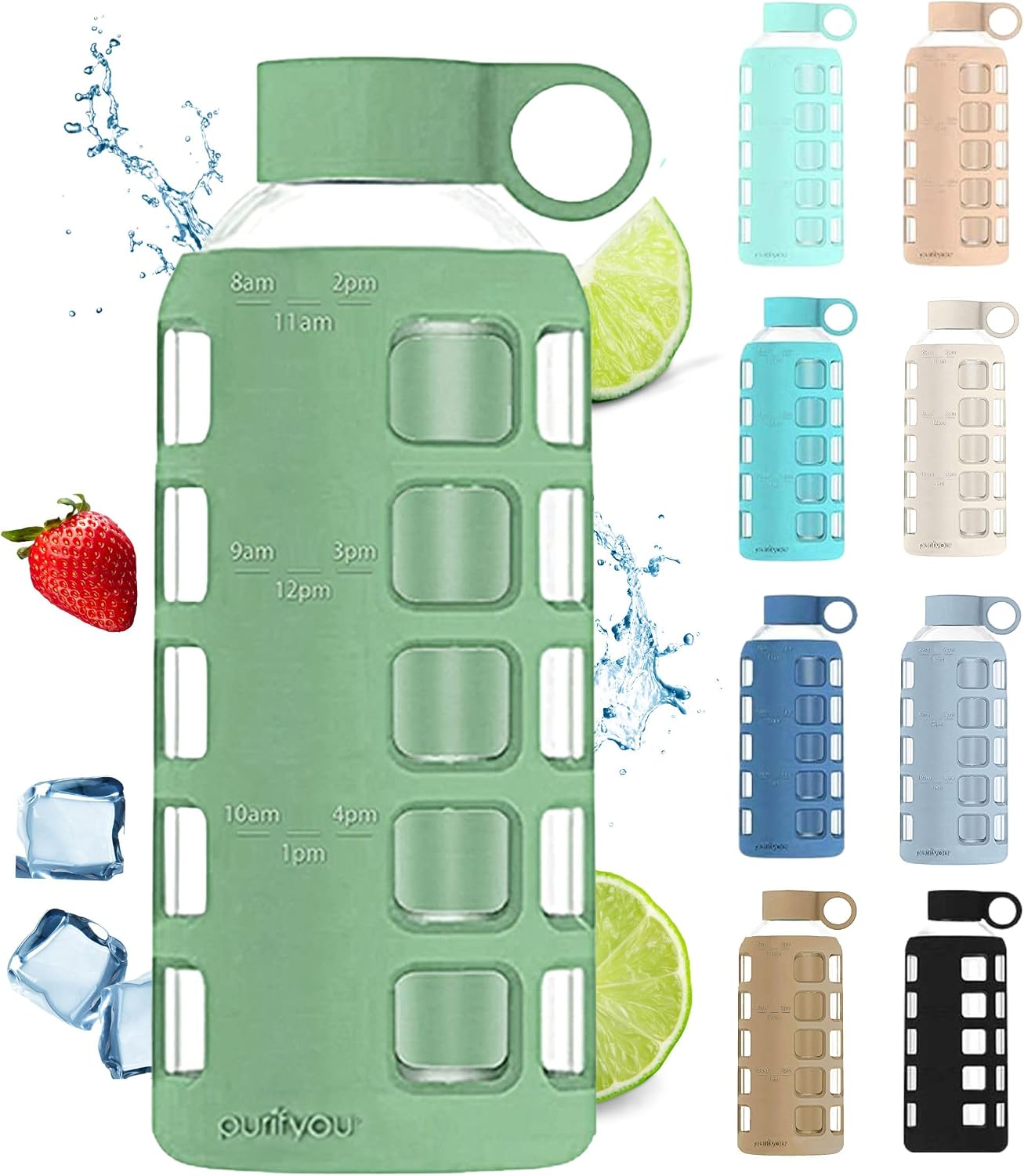purifyou 40oz / 32oz / 22oz / 12oz Borosilicate Glass Water Bottle with Time & Volume Markers, Silicone Sleeve