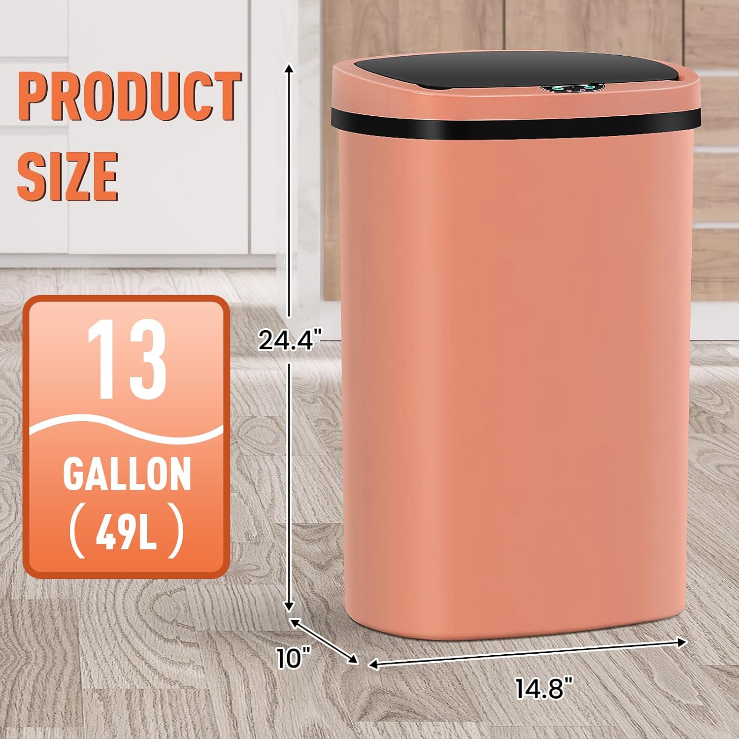 13 Gallon Touch-Free Automatic Stainless-Steel Trash Can Garbage Can Metal Trash Bin with Lid for Kitchen Living Room Office Bathroom, Electronic Motion Sensor Automatic Closure & Opening